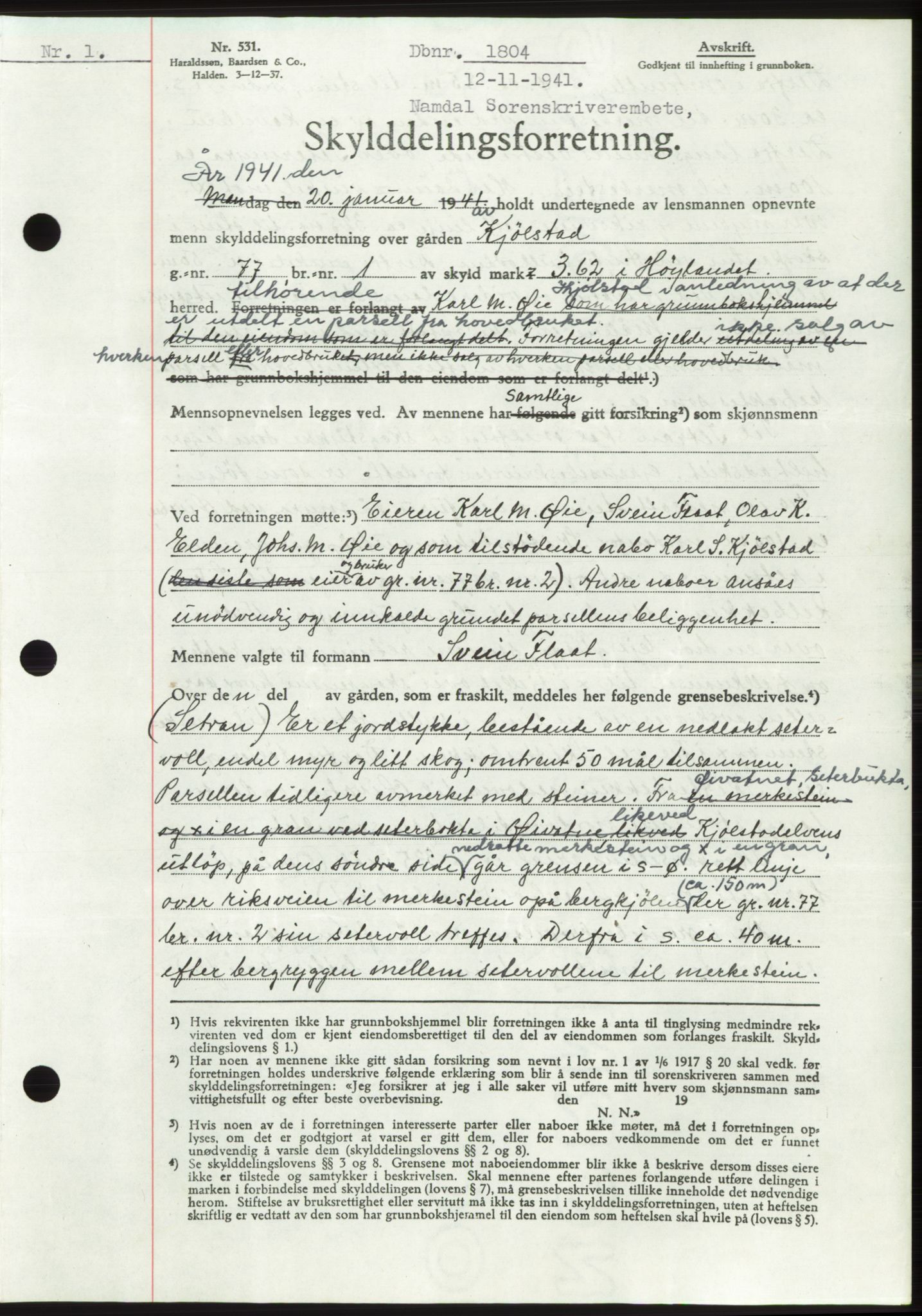 Namdal sorenskriveri, SAT/A-4133/1/2/2C: Mortgage book no. -, 1941-1942, Diary no: : 1804/1941