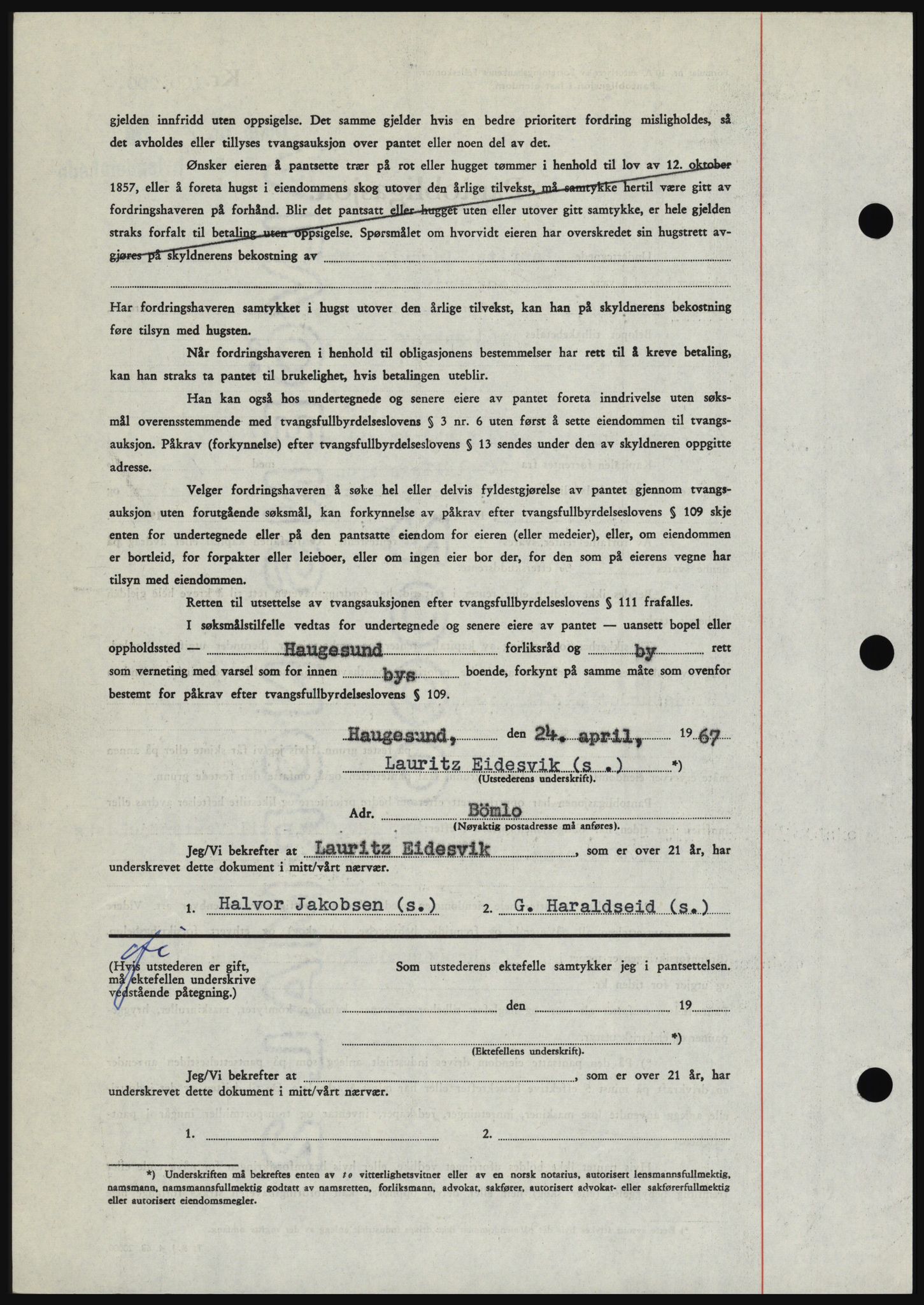 Haugesund tingrett, SAST/A-101415/01/II/IIC/L0056: Mortgage book no. B 56, 1966-1967, Diary no: : 1065/1967