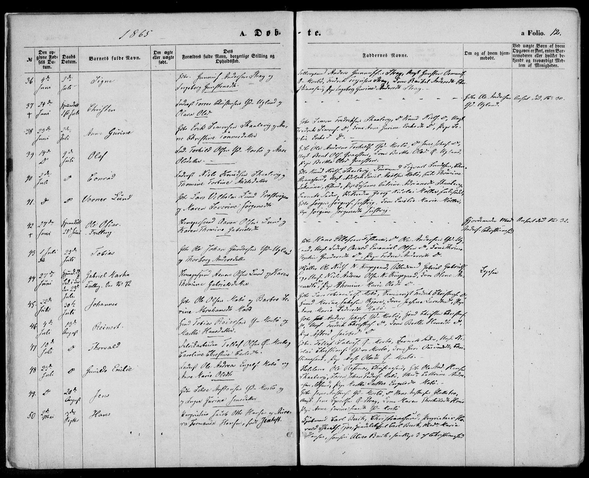 Oddernes sokneprestkontor, SAK/1111-0033/F/Fa/Faa/L0008: Parish register (official) no. A 8, 1864-1880, p. 12