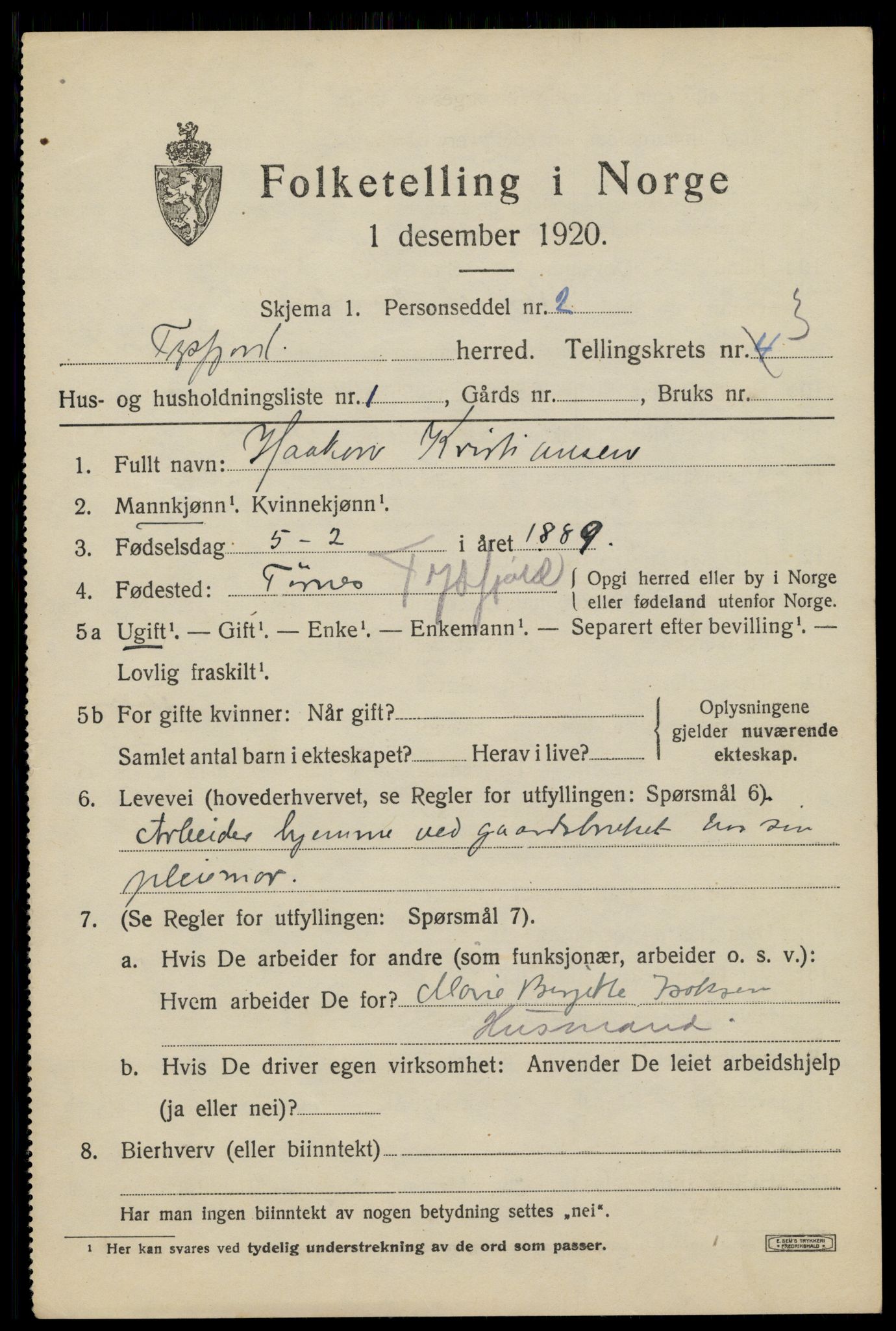 SAT, 1920 census for Tysfjord, 1920, p. 2259