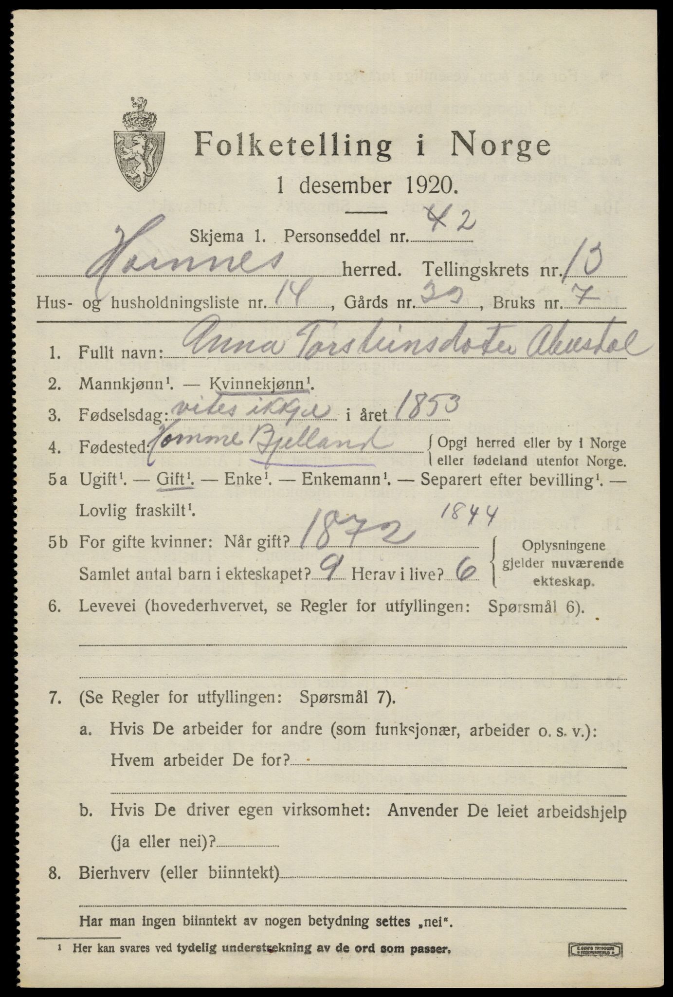 SAK, 1920 census for Hornnes, 1920, p. 3241