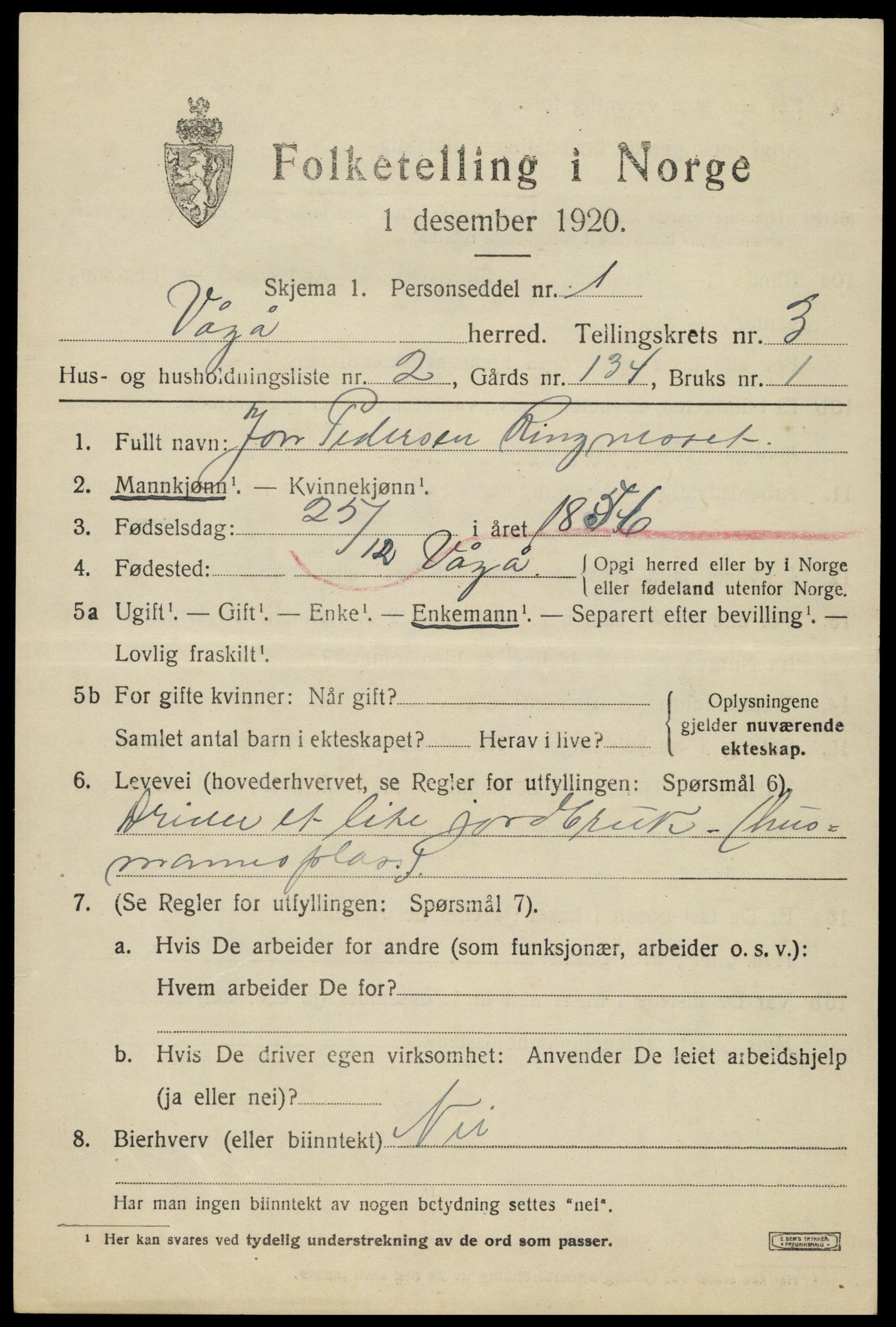 SAH, 1920 census for Vågå, 1920, p. 2686