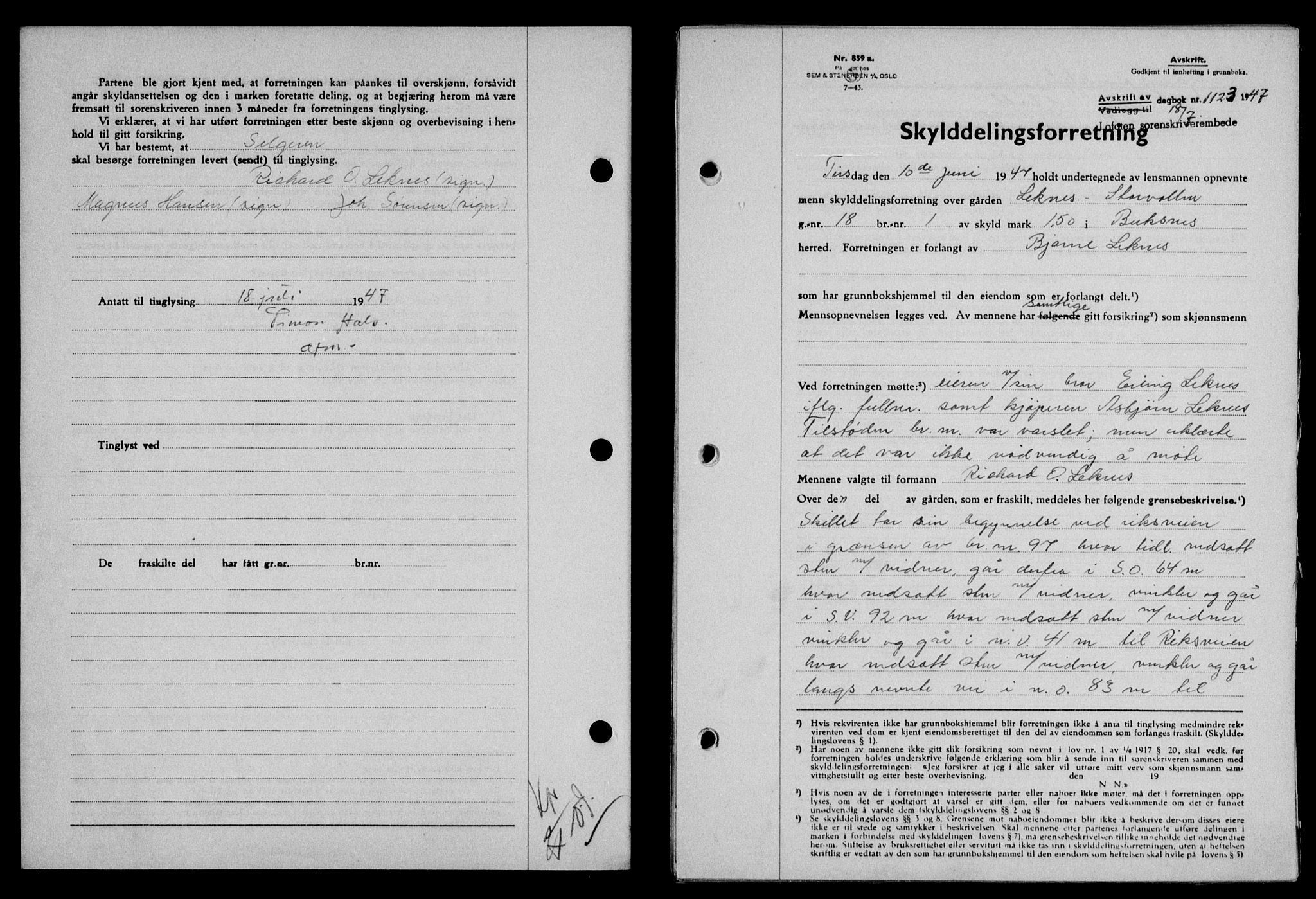 Lofoten sorenskriveri, SAT/A-0017/1/2/2C/L0016a: Mortgage book no. 16a, 1947-1947, Diary no: : 1123/1947