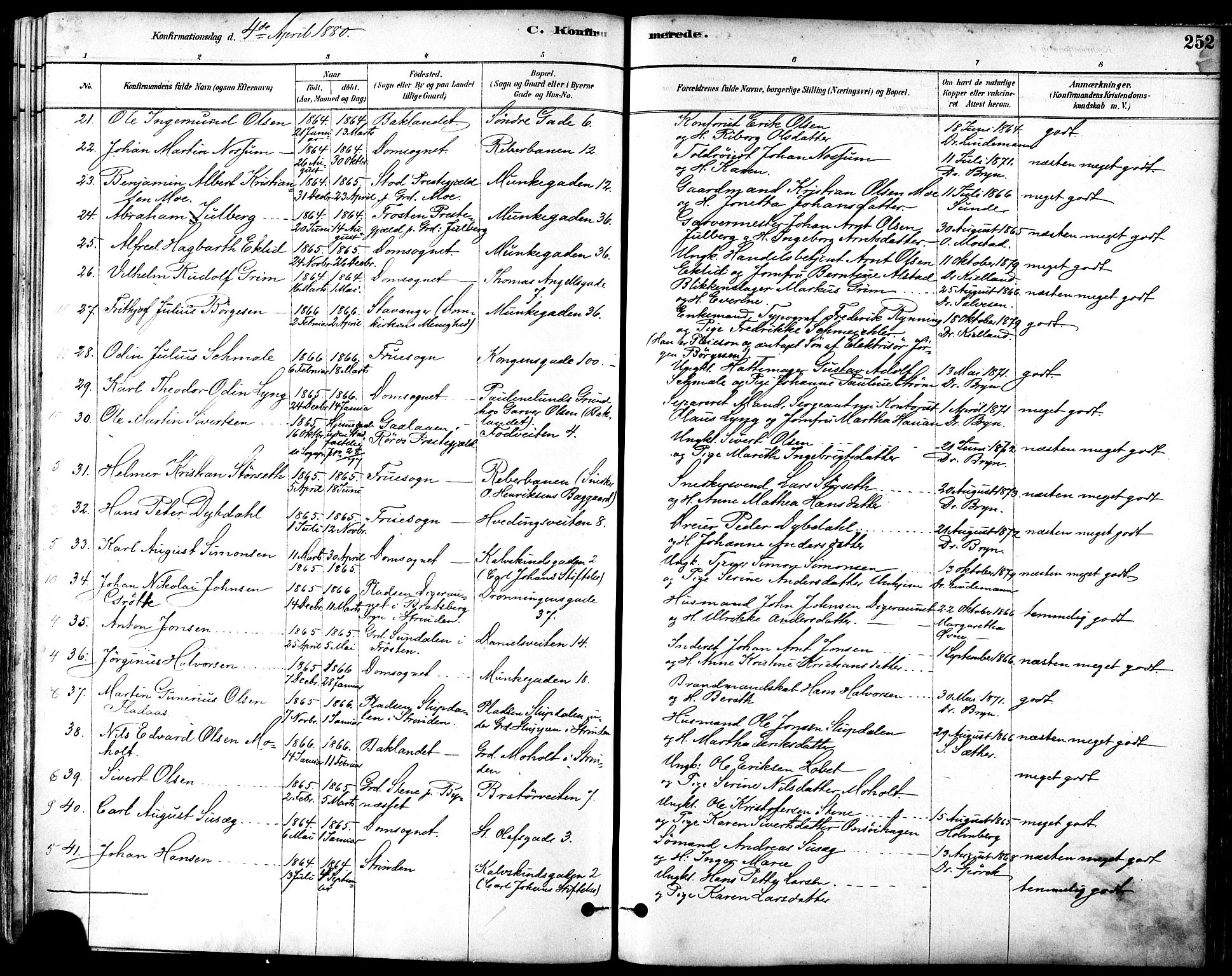 Ministerialprotokoller, klokkerbøker og fødselsregistre - Sør-Trøndelag, SAT/A-1456/601/L0057: Parish register (official) no. 601A25, 1877-1891, p. 252