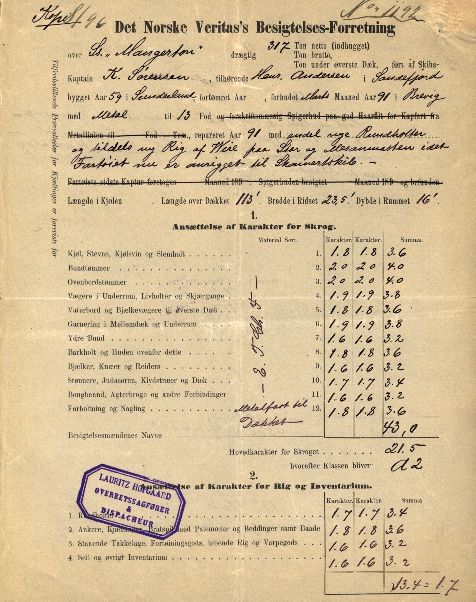 Pa 63 - Østlandske skibsassuranceforening, VEMU/A-1079/G/Ga/L0030/0001: Havaridokumenter / Leif, Korsvei, Margret, Mangerton, Mathilde, Island, Andover, 1893, p. 165