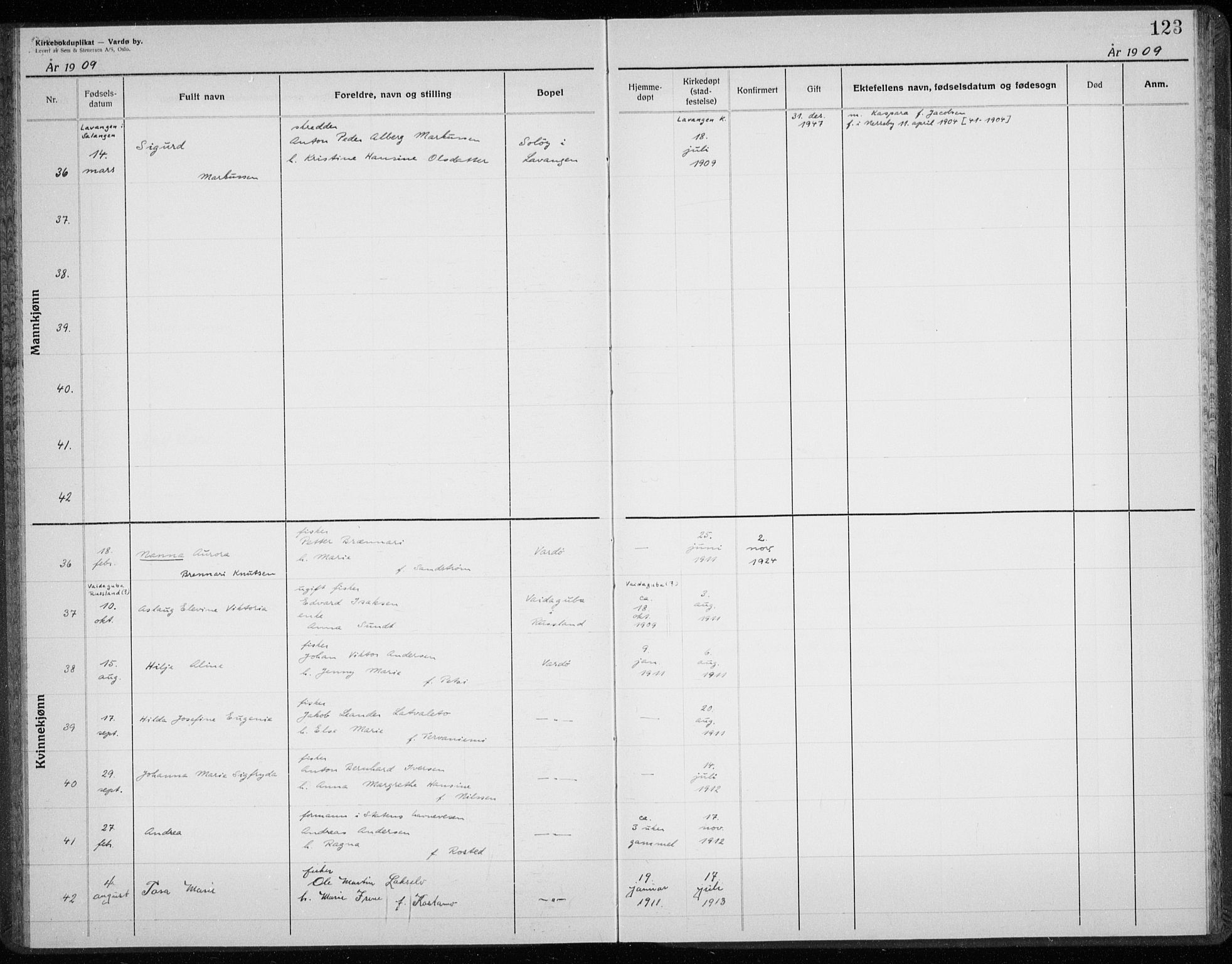 Vardø sokneprestkontor, AV/SATØ-S-1332/H/Hc/L0001kirkerekon: Other parish register no. 1, 1900-1914, p. 123