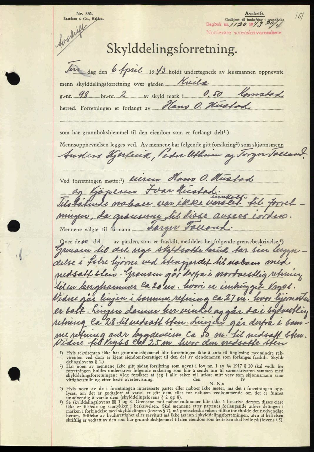 Nordmøre sorenskriveri, AV/SAT-A-4132/1/2/2Ca: Mortgage book no. A95, 1943-1943, Diary no: : 1120/1943