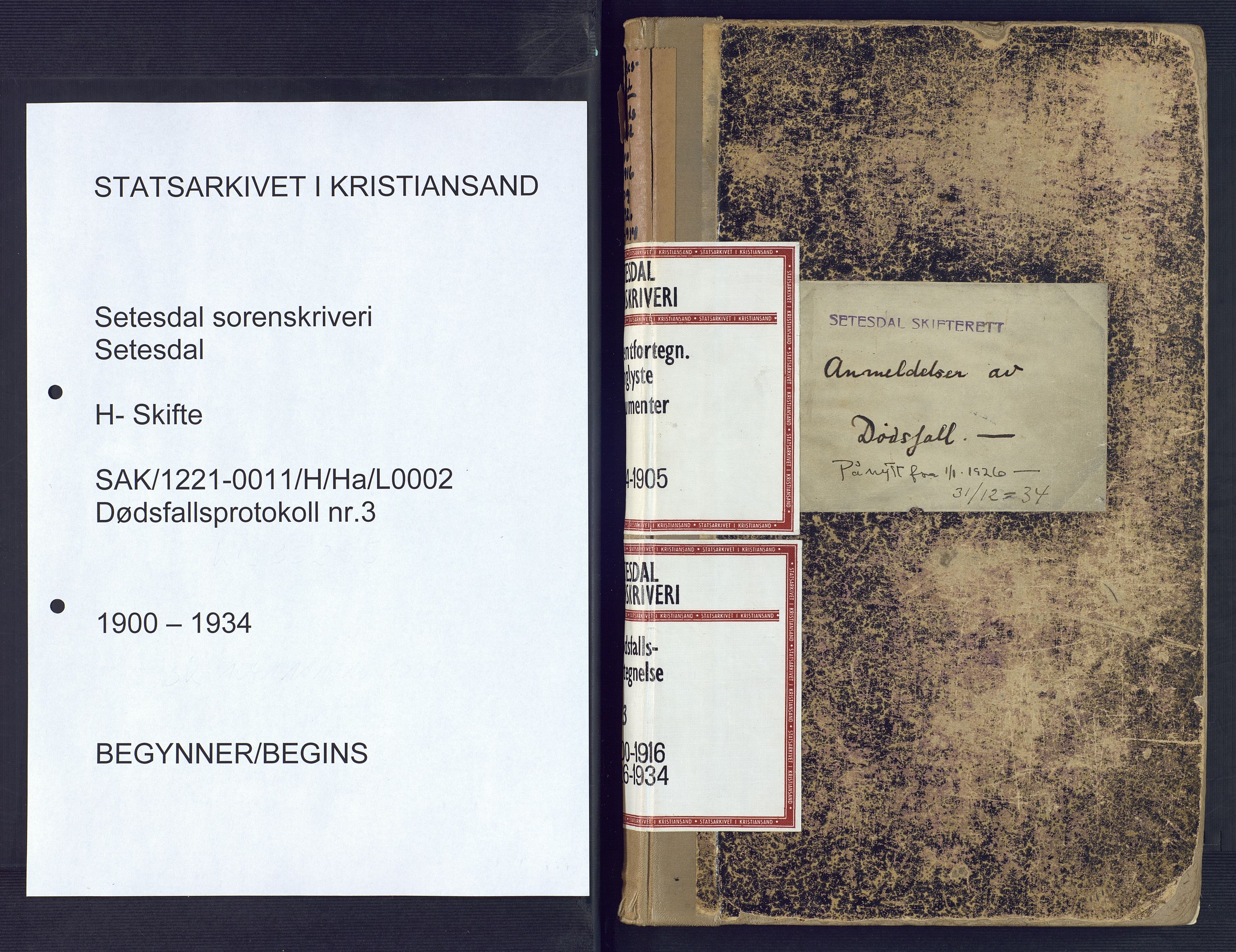 Setesdal sorenskriveri, AV/SAK-1221-0011/H/Ha/L0002: Dødsfallsfortegnelse nr 3, 1900-1934