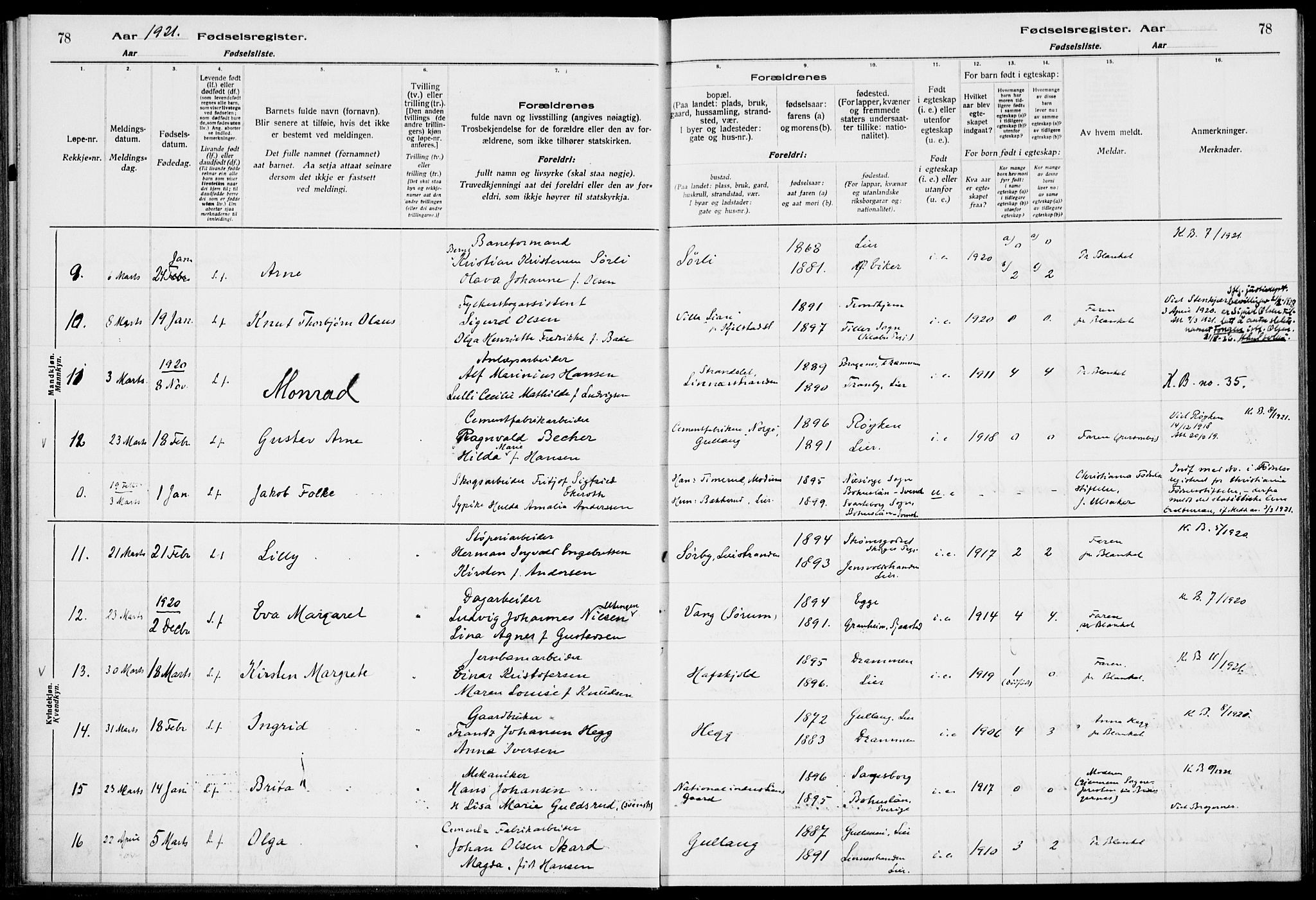 Lier kirkebøker, AV/SAKO-A-230/J/Ja/L0001: Birth register no. 1, 1916-1928, p. 78