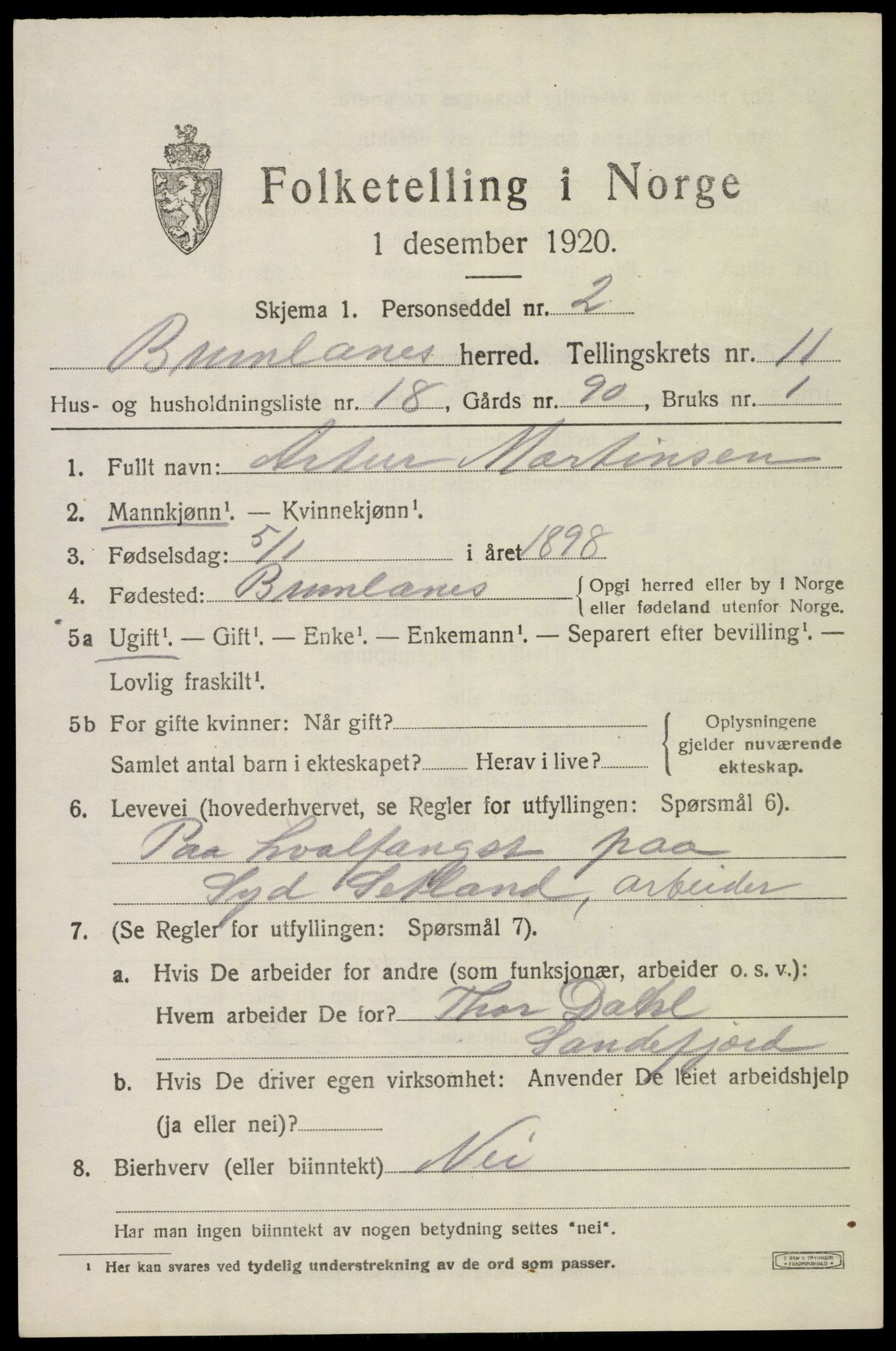 SAKO, 1920 census for Brunlanes, 1920, p. 9735