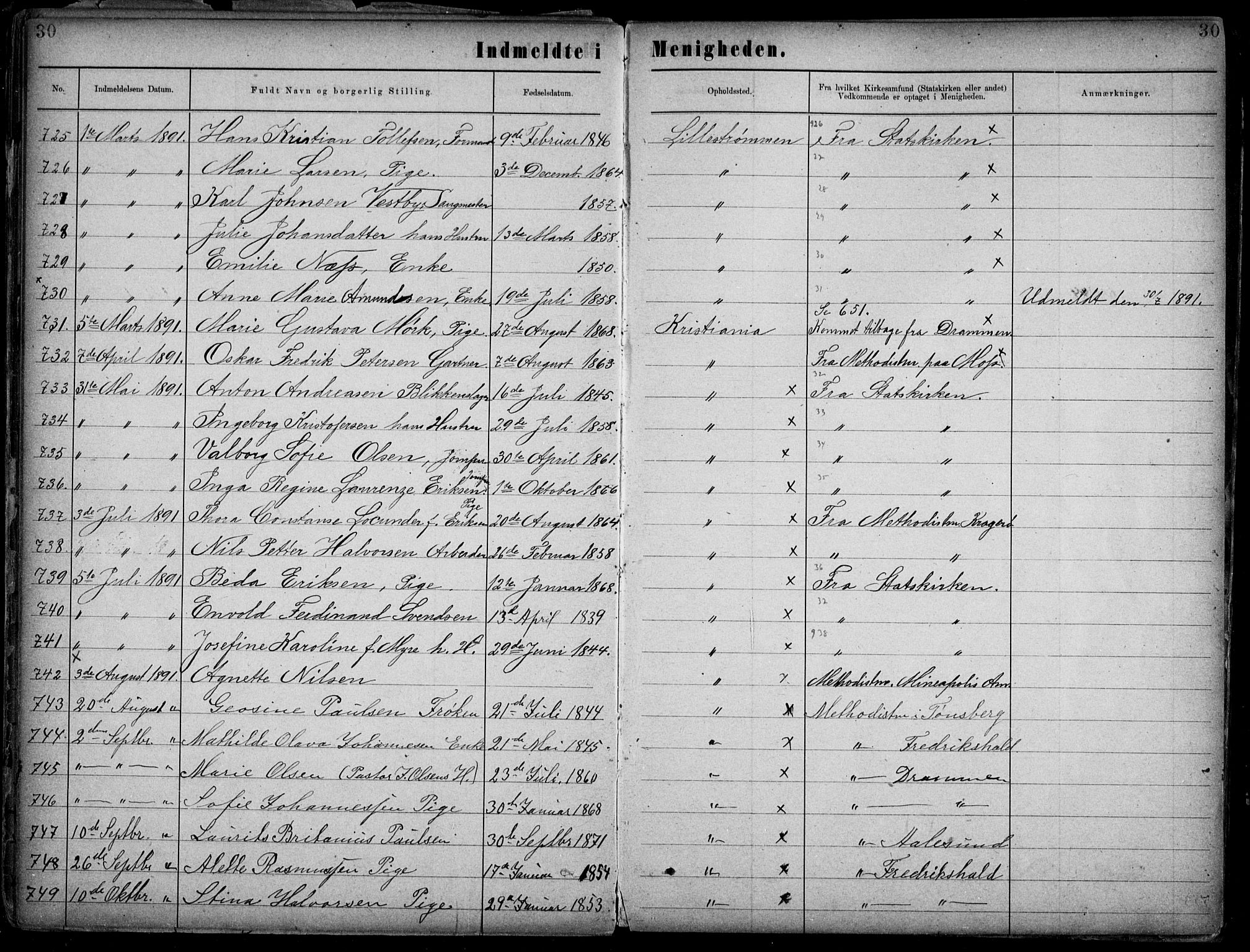 Første Metodistkirke Oslo -  menighetsprotokoller, SAO/PAO-0067/F/L0002: Dissenter register no. 2, 1883-1892, p. 30