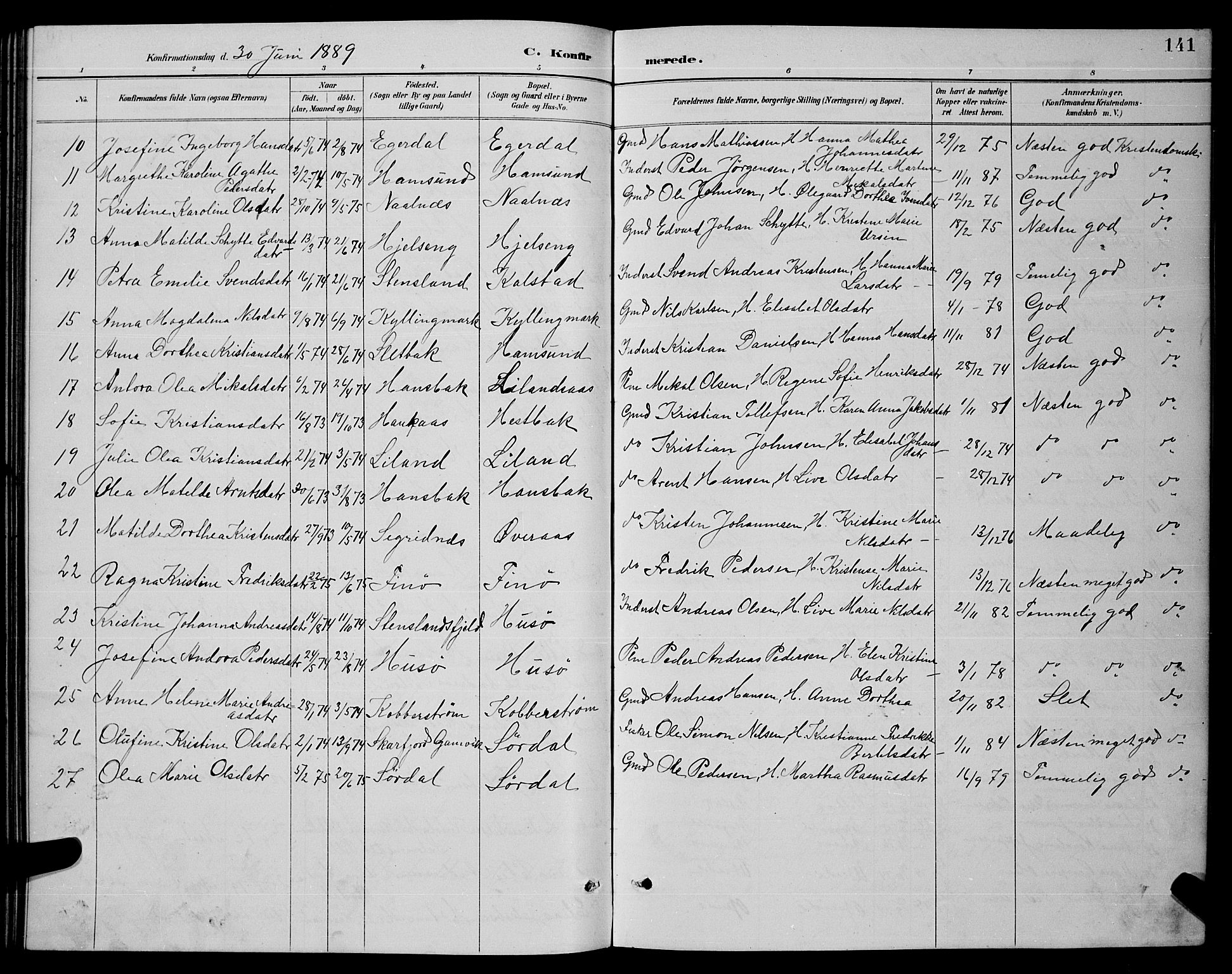 Ministerialprotokoller, klokkerbøker og fødselsregistre - Nordland, SAT/A-1459/859/L0859: Parish register (copy) no. 859C05, 1887-1898, p. 141
