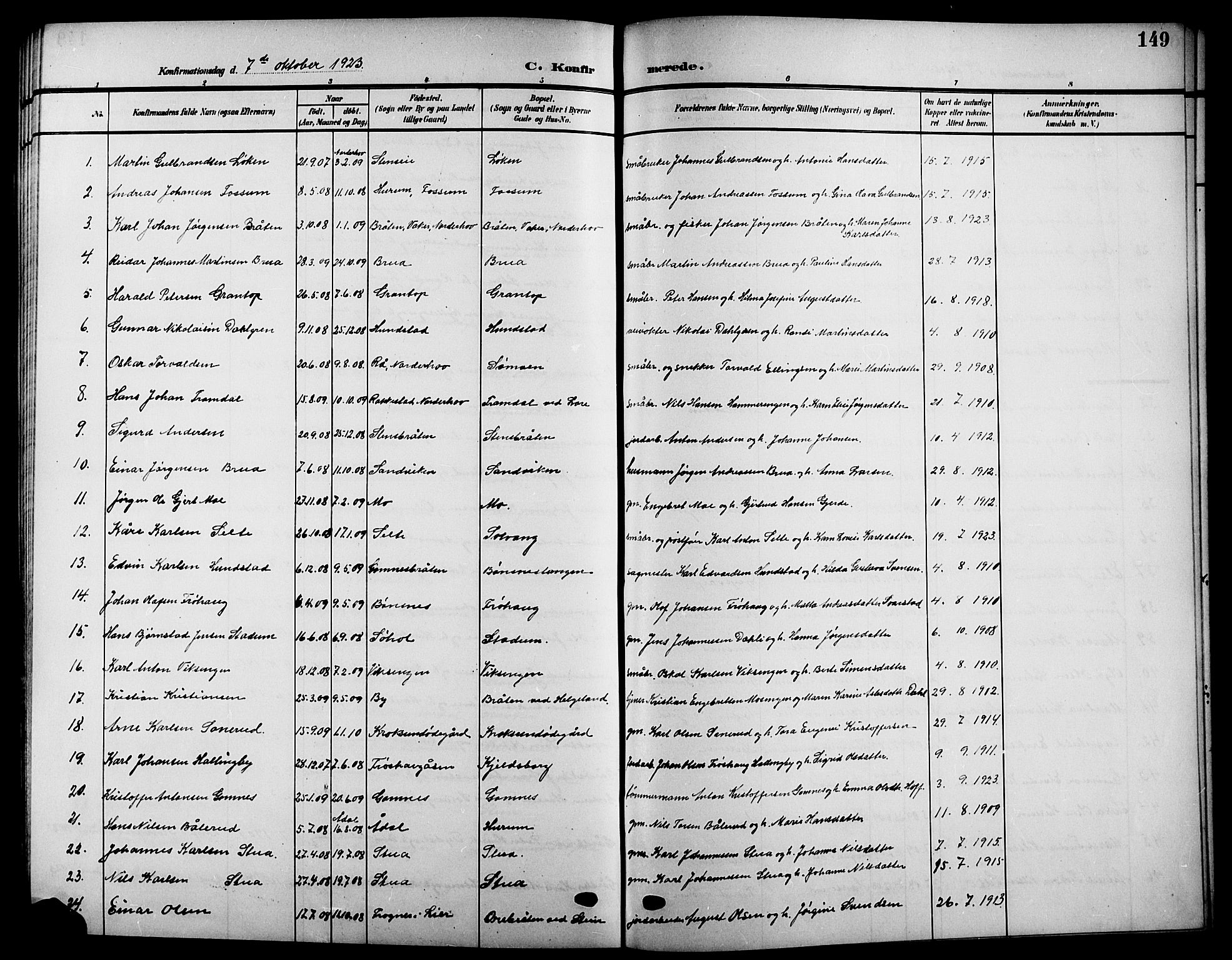 Hole kirkebøker, SAKO/A-228/G/Ga/L0004: Parish register (copy) no. I 4, 1905-1924, p. 149