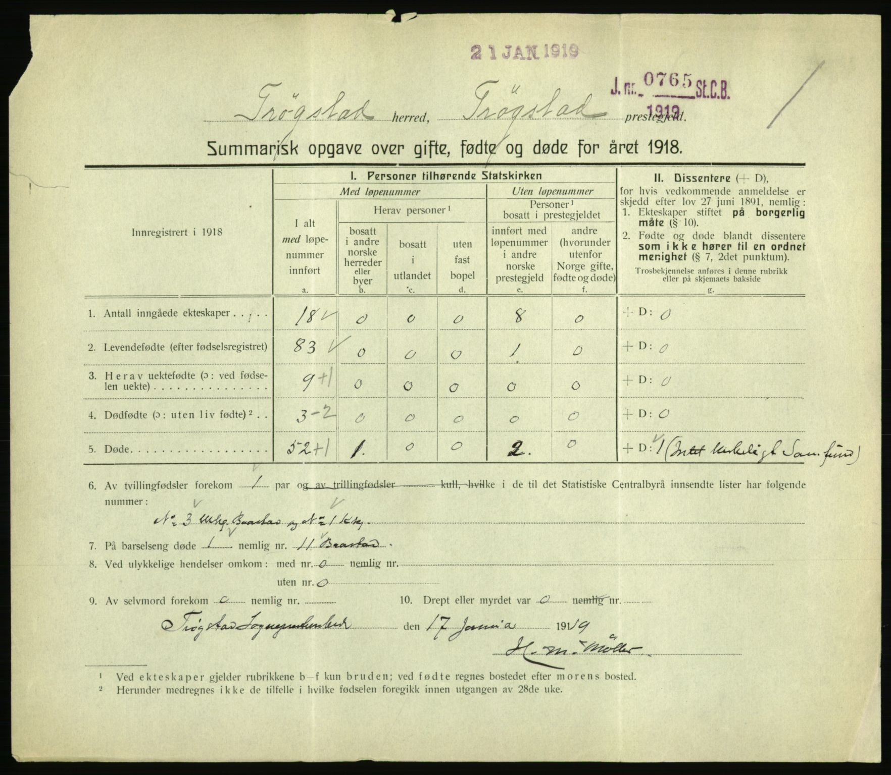 Statistisk sentralbyrå, Sosiodemografiske emner, Befolkning, RA/S-2228/D/Df/Dfb/Dfbh/L0059: Summariske oppgaver over gifte, fødte og døde for hele landet., 1918, p. 81