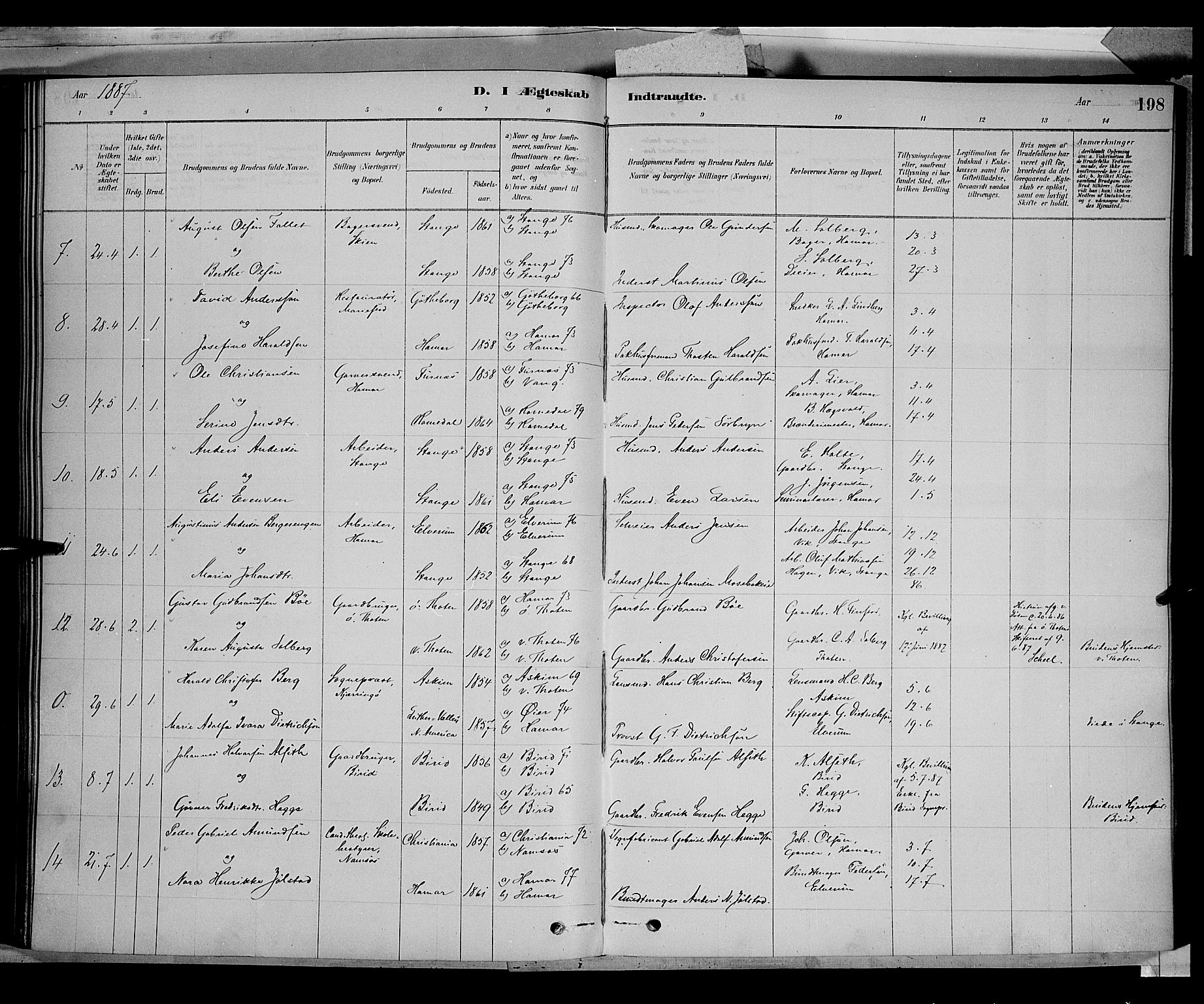 Vang prestekontor, Hedmark, SAH/PREST-008/H/Ha/Haa/L0016: Parish register (official) no. 16, 1878-1889, p. 198