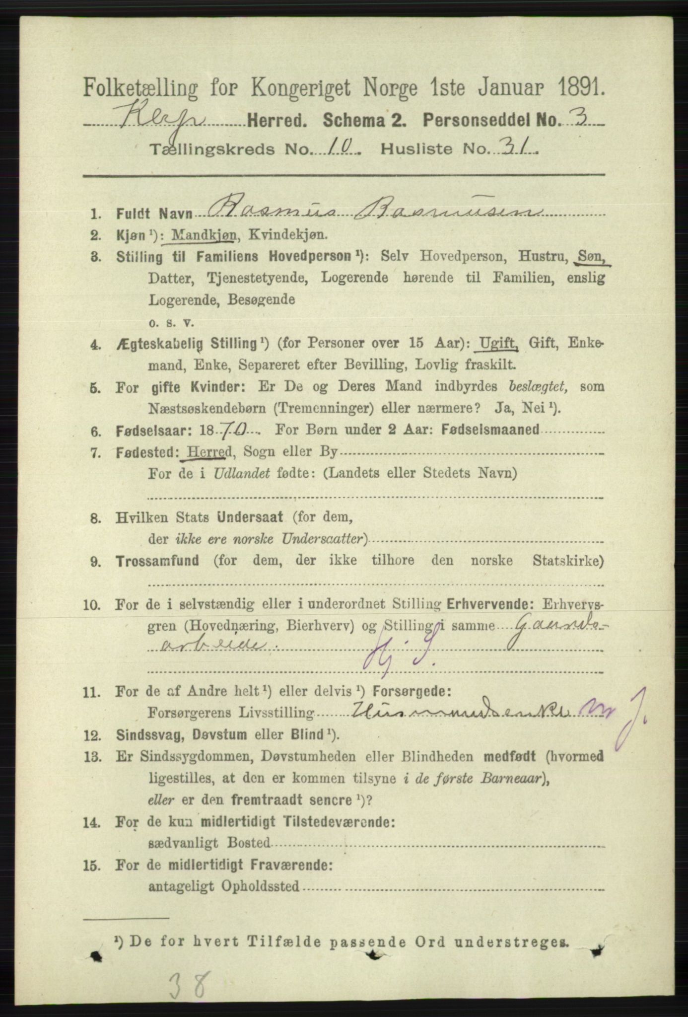 RA, 1891 census for 1120 Klepp, 1891, p. 3048