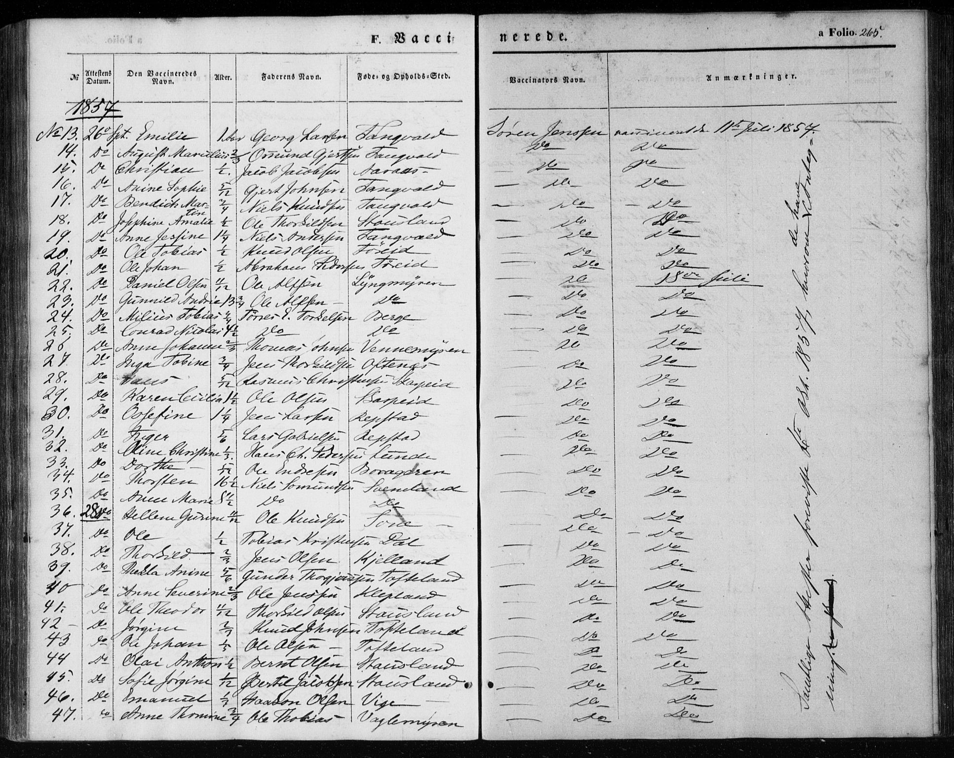 Søgne sokneprestkontor, SAK/1111-0037/F/Fa/Fab/L0010: Parish register (official) no. A 10, 1853-1869, p. 265