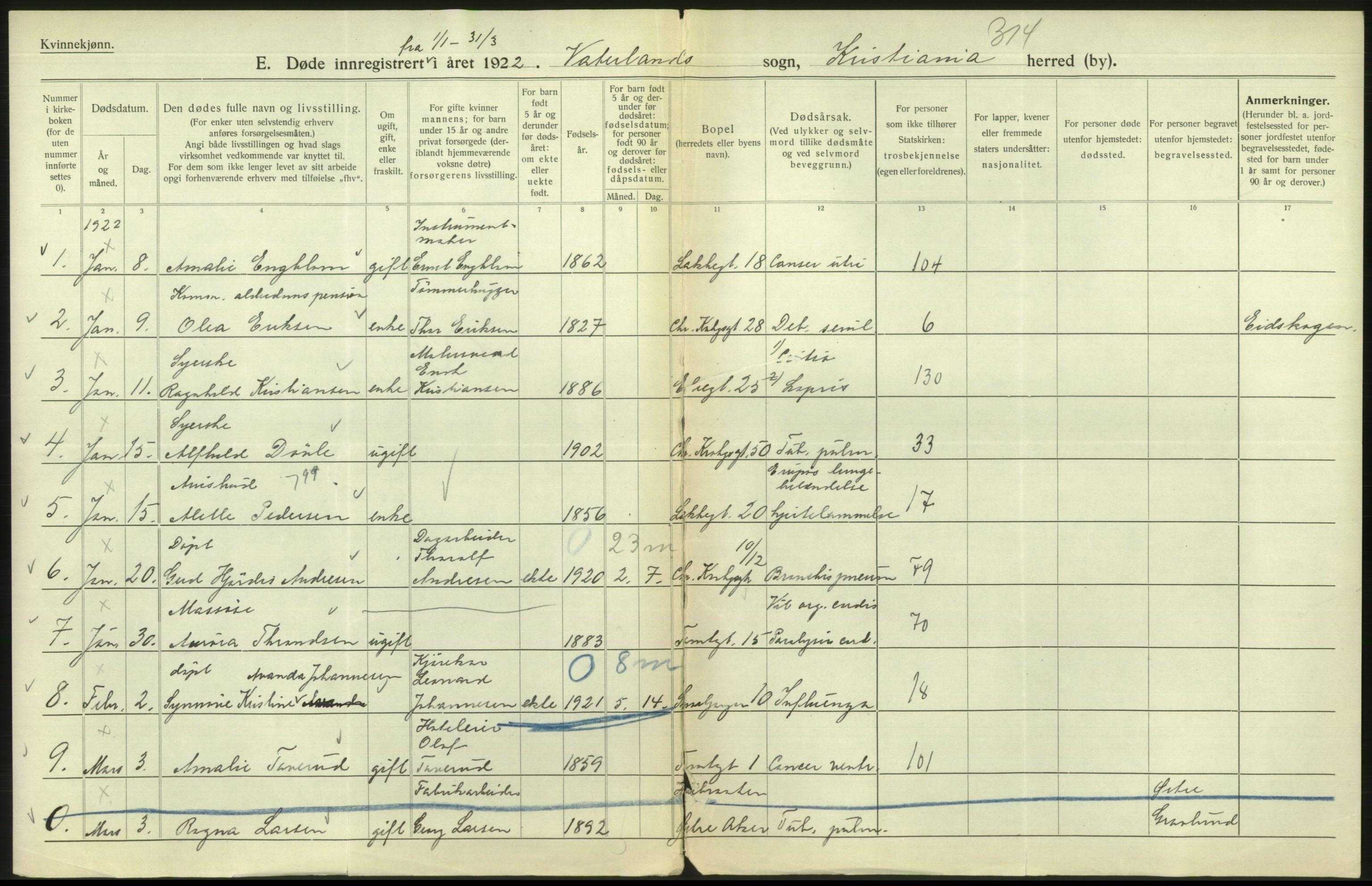 Statistisk sentralbyrå, Sosiodemografiske emner, Befolkning, RA/S-2228/D/Df/Dfc/Dfcb/L0010: Kristiania: Døde, dødfødte, 1922, p. 498