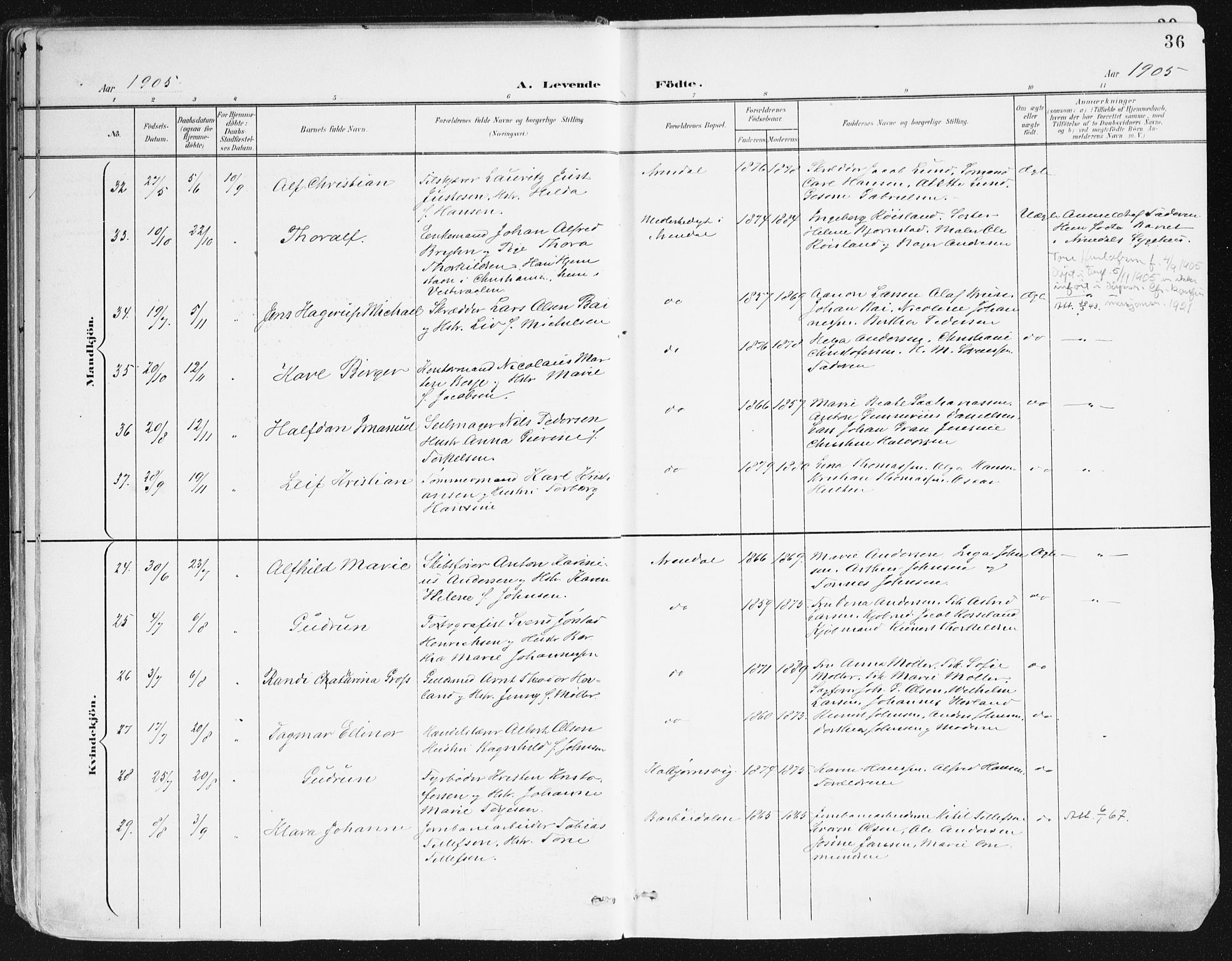 Arendal sokneprestkontor, Trefoldighet, SAK/1111-0040/F/Fa/L0010: Parish register (official) no. A 10, 1900-1919, p. 36