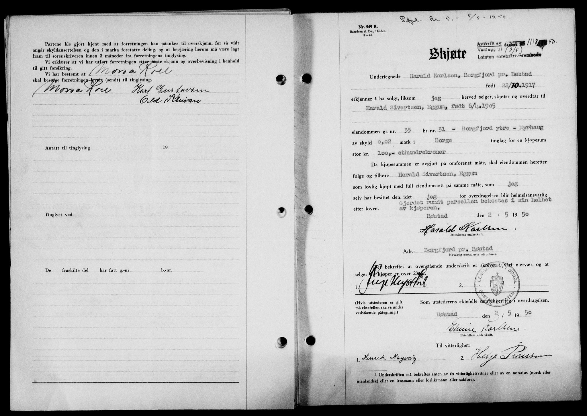 Lofoten sorenskriveri, SAT/A-0017/1/2/2C/L0023a: Mortgage book no. 23a, 1950-1950, Diary no: : 1118/1950