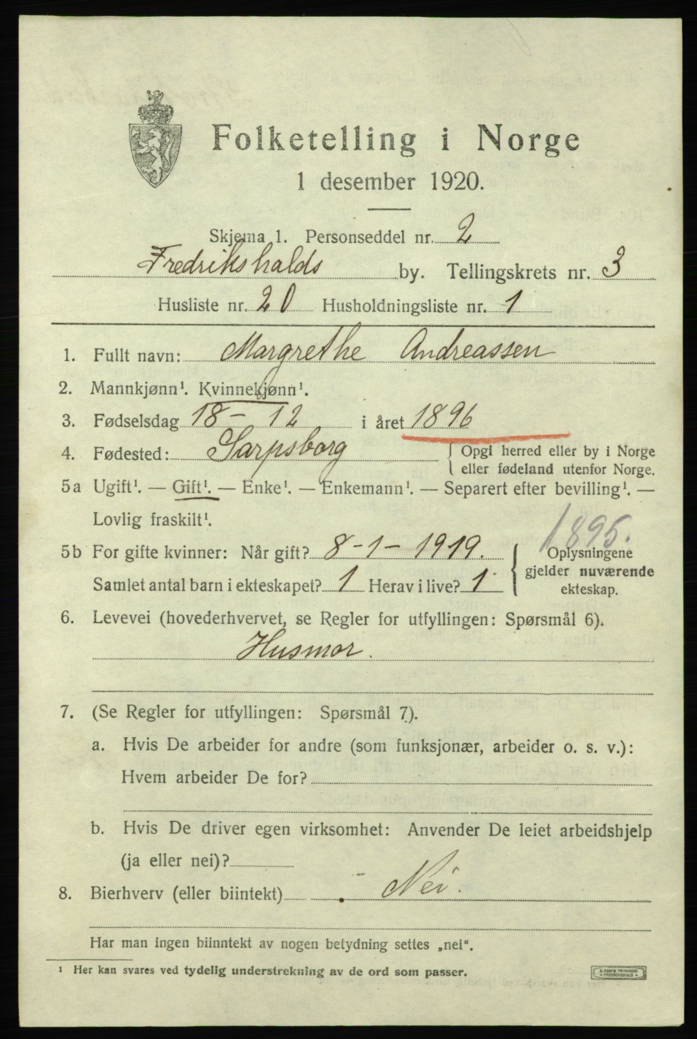 SAO, 1920 census for Fredrikshald, 1920, p. 10910
