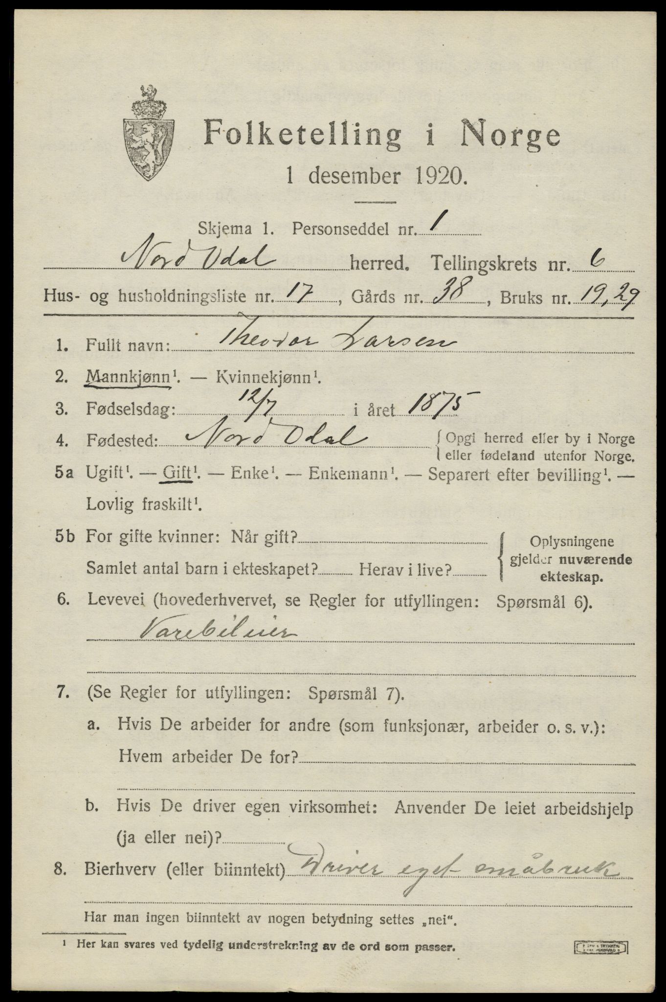 SAH, 1920 census for Nord-Odal, 1920, p. 6795