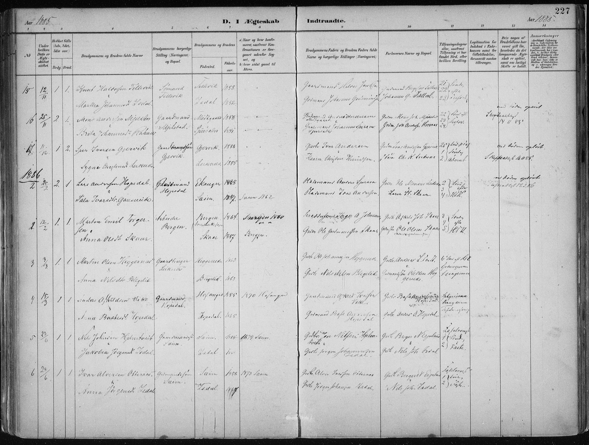 Hamre sokneprestembete, SAB/A-75501/H/Ha/Haa/Haab/L0001: Parish register (official) no. B  1, 1882-1905, p. 227
