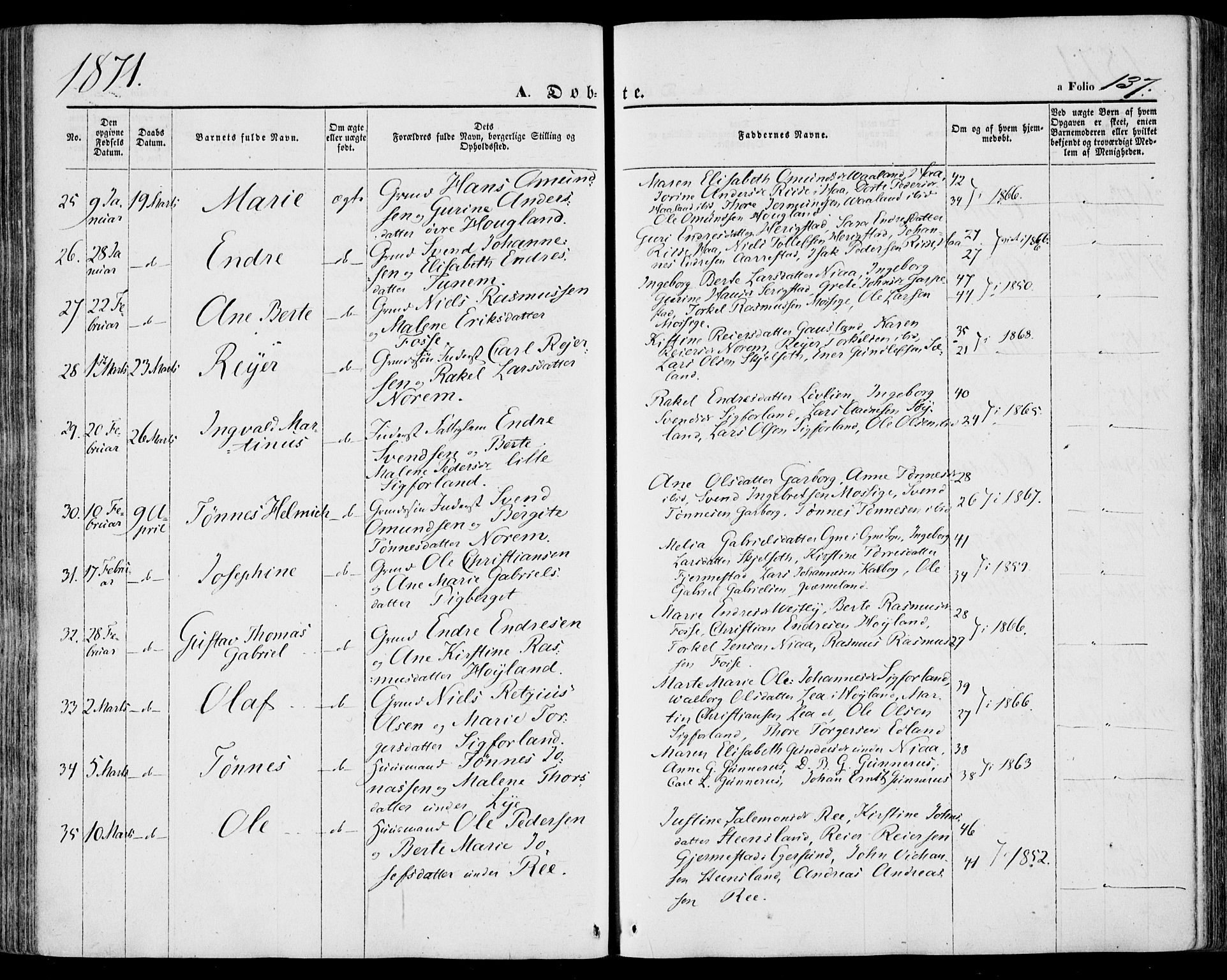 Lye sokneprestkontor, AV/SAST-A-101794/001/30BA/L0007: Parish register (official) no. A 6, 1856-1871, p. 137