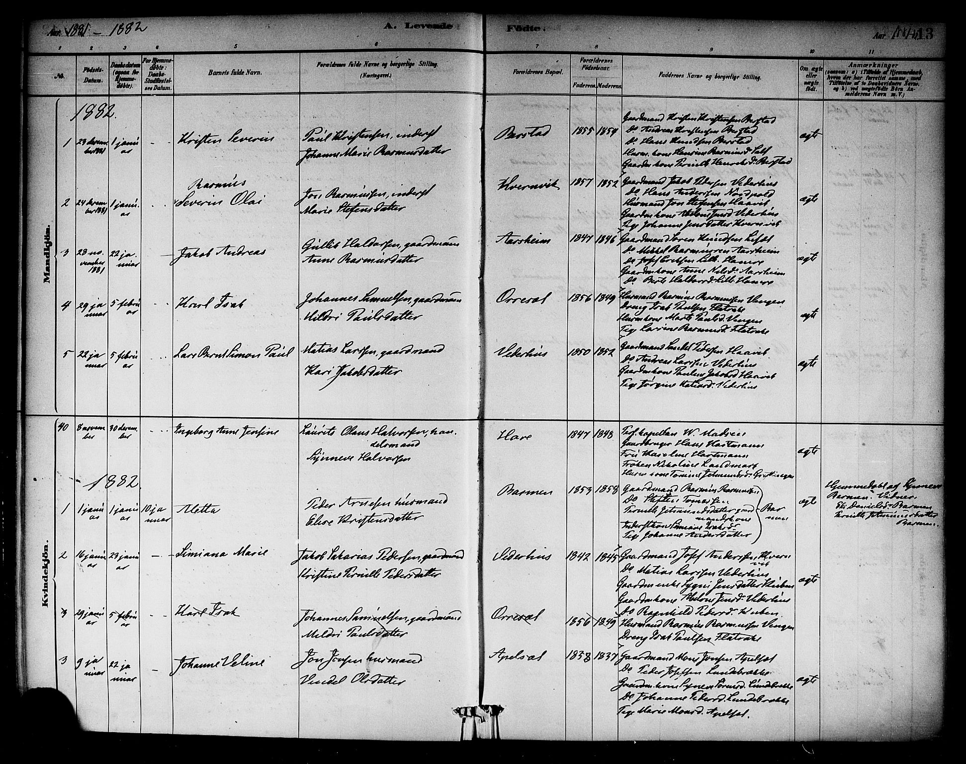 Selje sokneprestembete, SAB/A-99938/H/Ha/Haa/Haab: Parish register (official) no. B 1, 1881-1890, p. 13