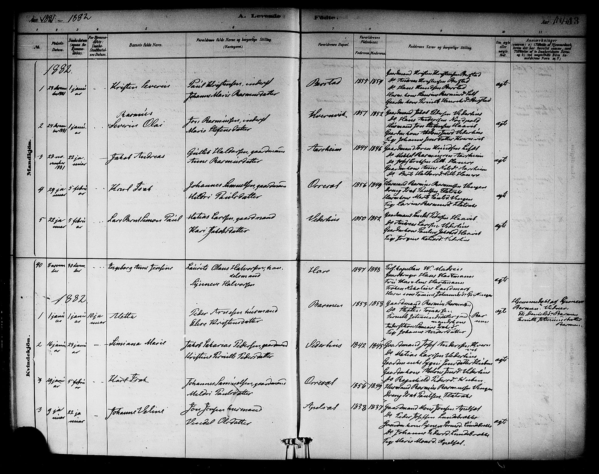 Selje sokneprestembete, AV/SAB-A-99938/H/Ha/Haa/Haab: Parish register (official) no. B 1, 1881-1890, p. 13