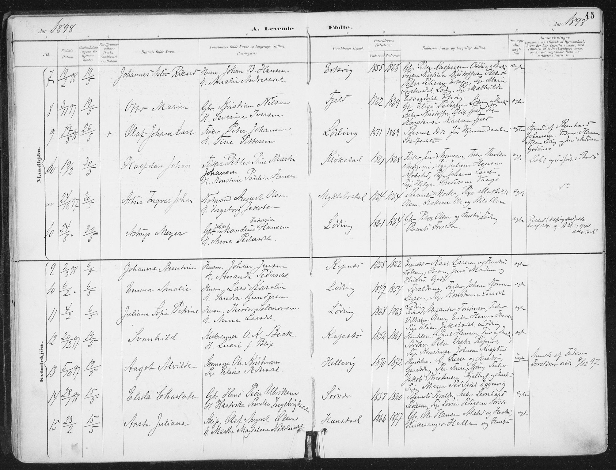 Ministerialprotokoller, klokkerbøker og fødselsregistre - Nordland, SAT/A-1459/802/L0055: Parish register (official) no. 802A02, 1894-1915, p. 45