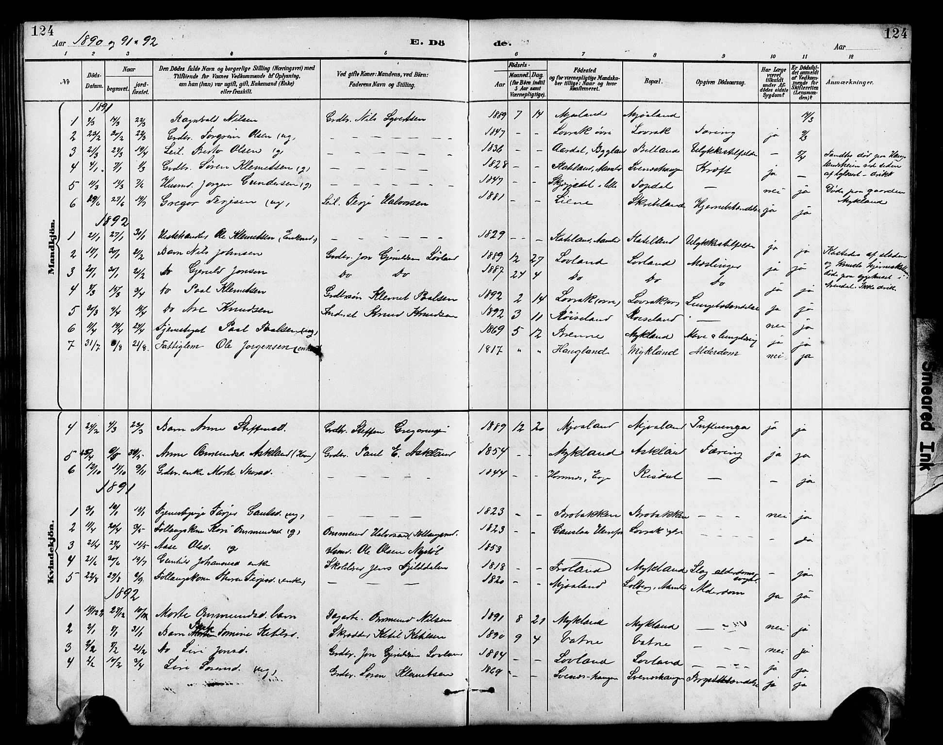 Herefoss sokneprestkontor, AV/SAK-1111-0019/F/Fb/Fbc/L0003: Parish register (copy) no. B 3, 1887-1915, p. 124