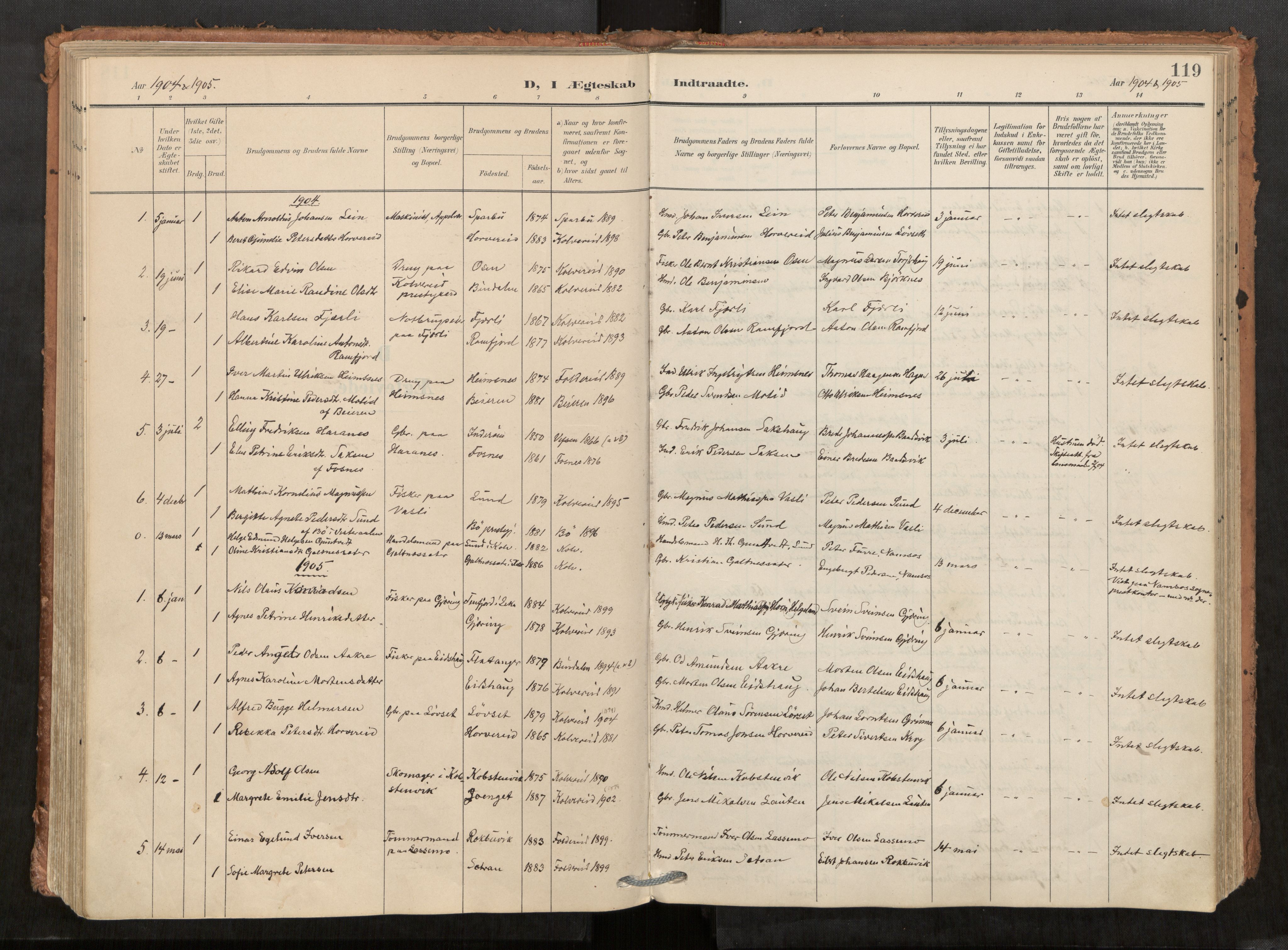 Kolvereid sokneprestkontor, SAT/A-1171/H/Ha/Haa/L0001: Parish register (official) no. 1, 1903-1922, p. 119