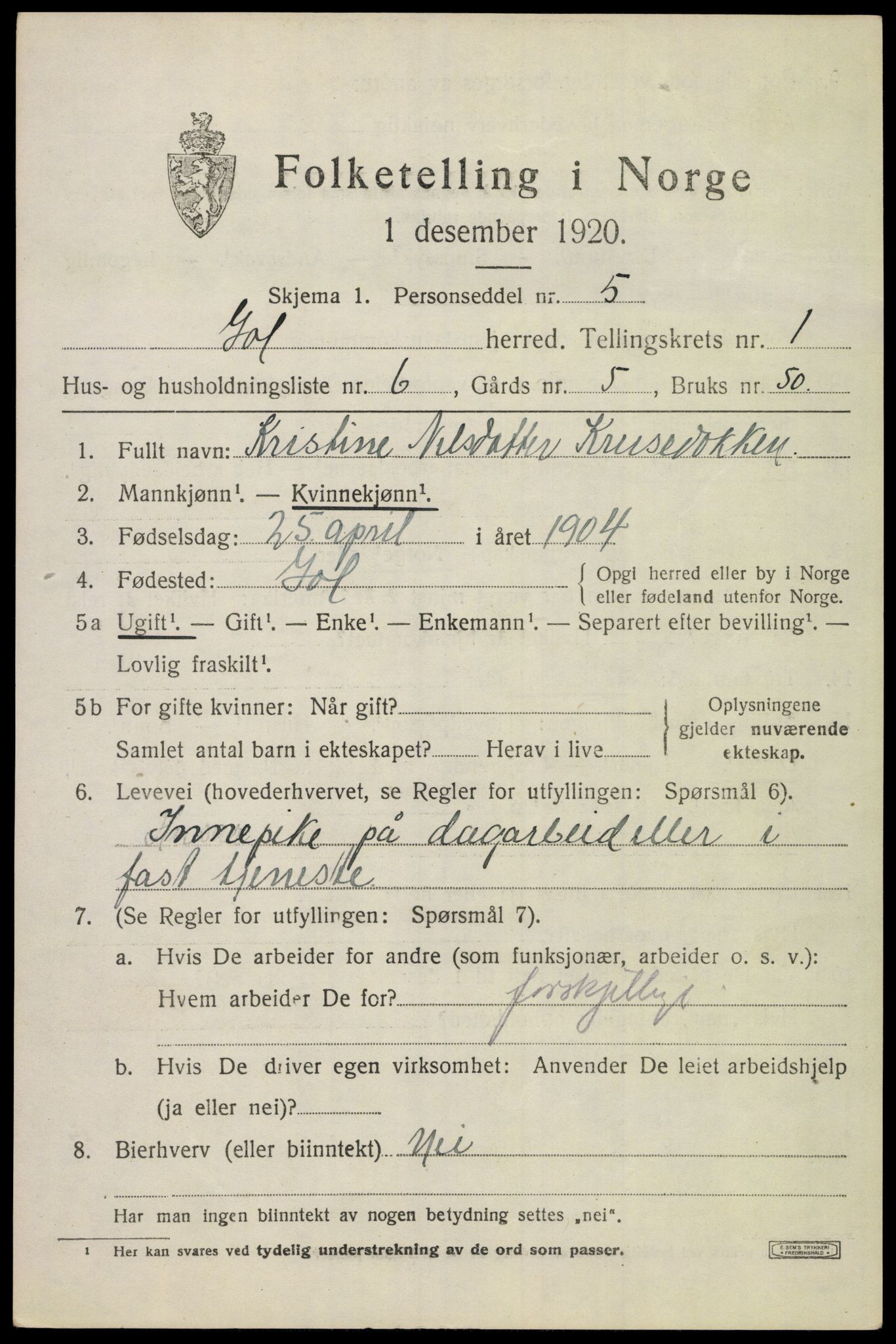 SAKO, 1920 census for Gol, 1920, p. 980