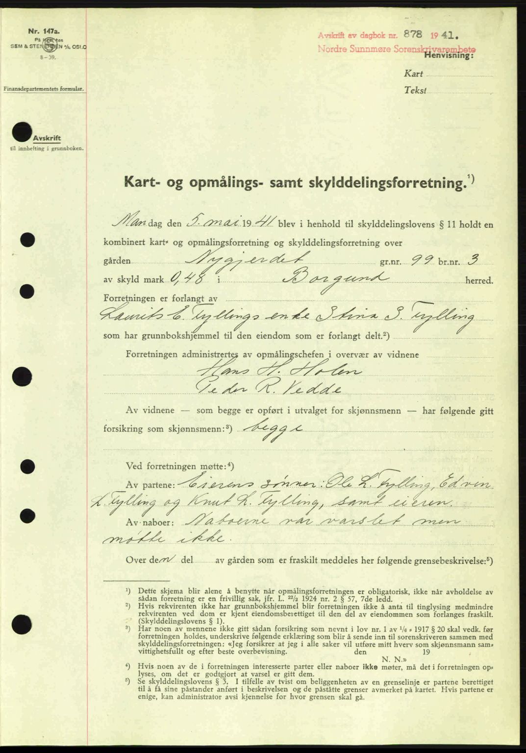 Nordre Sunnmøre sorenskriveri, SAT/A-0006/1/2/2C/2Ca: Mortgage book no. A11, 1941-1941, Diary no: : 878/1941