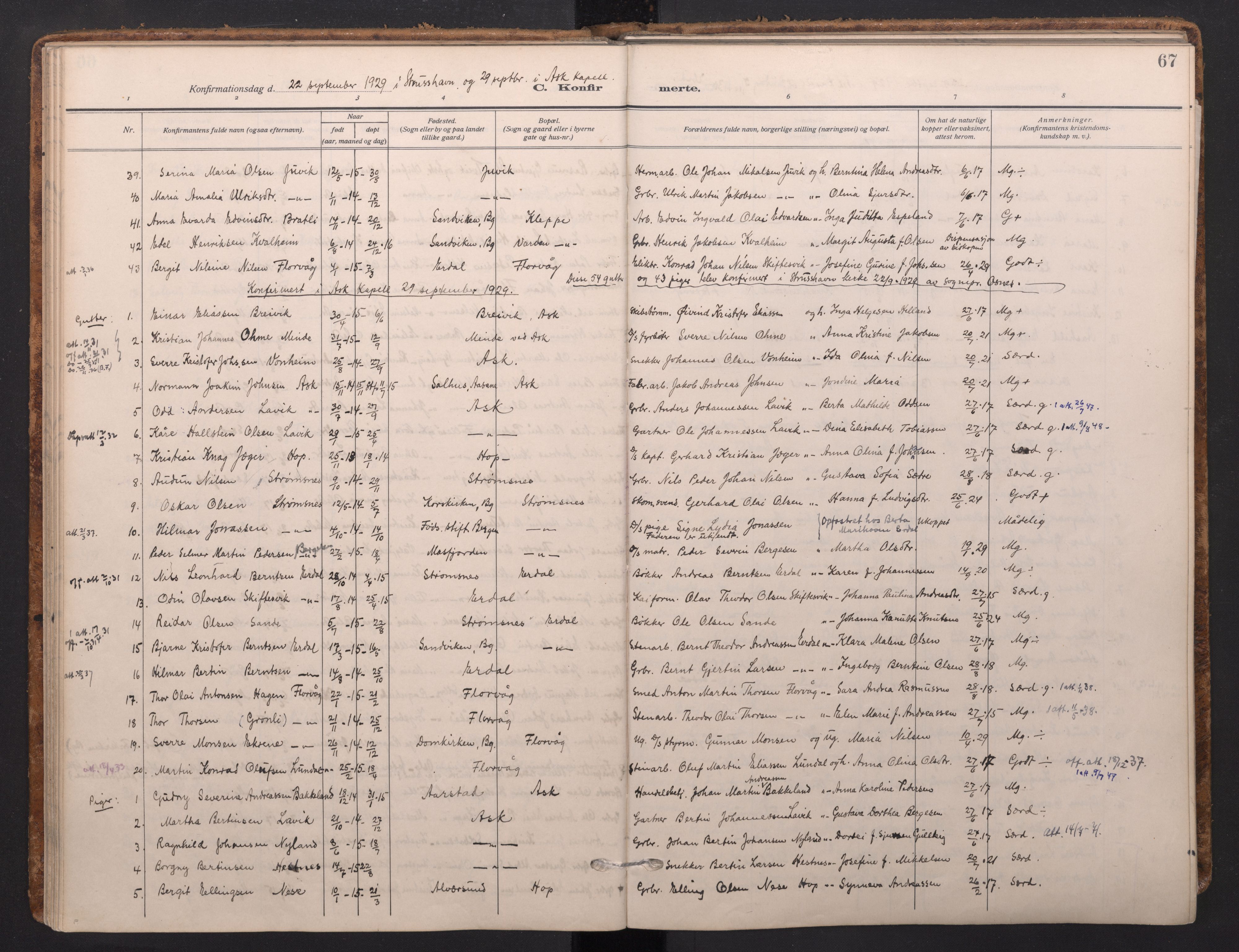 Askøy Sokneprestembete, AV/SAB-A-74101/H/Ha/Haa/Haad/L0002: Parish register (official) no. D 2, 1915-1935, p. 67