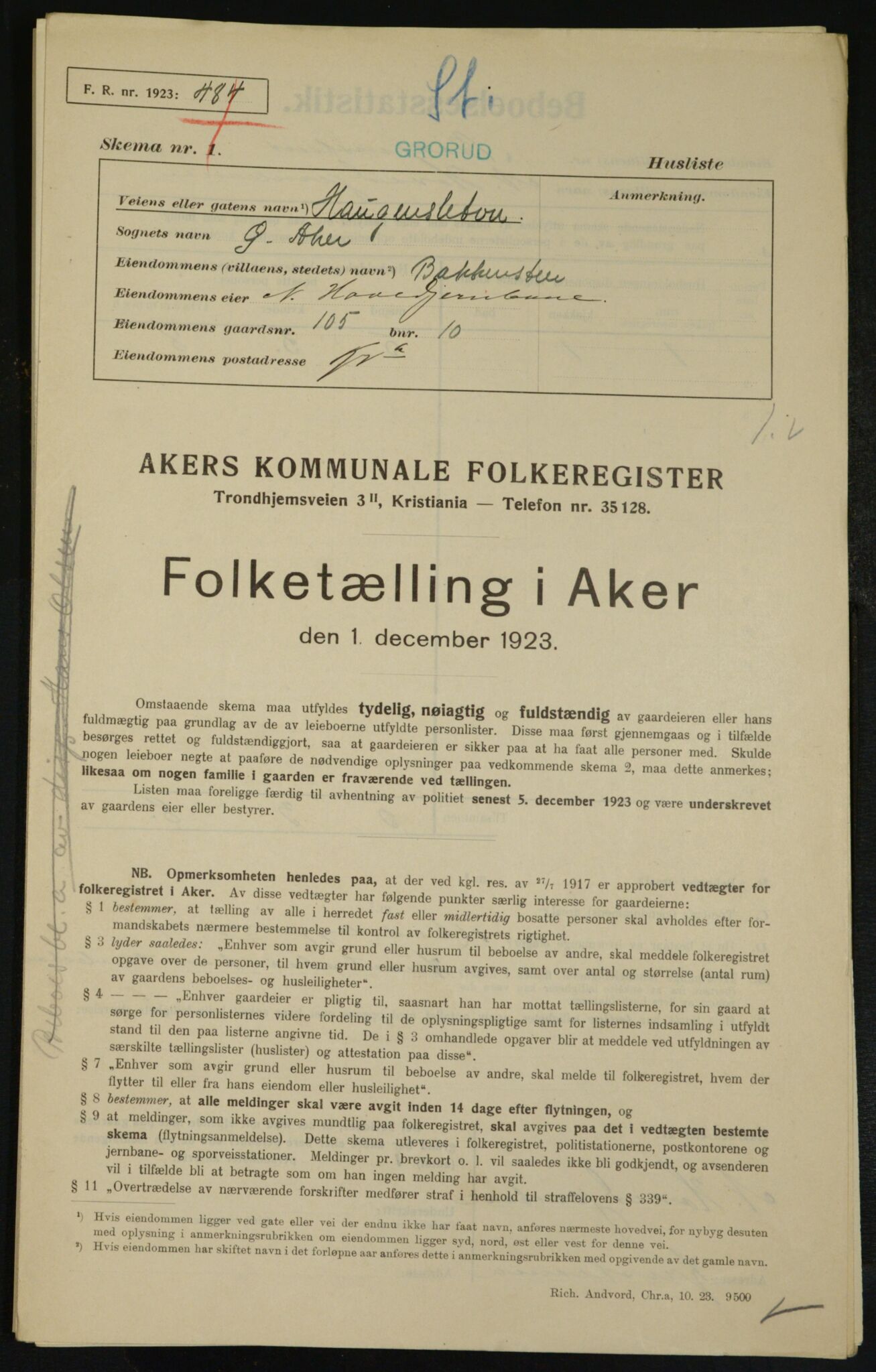 , Municipal Census 1923 for Aker, 1923, p. 25581