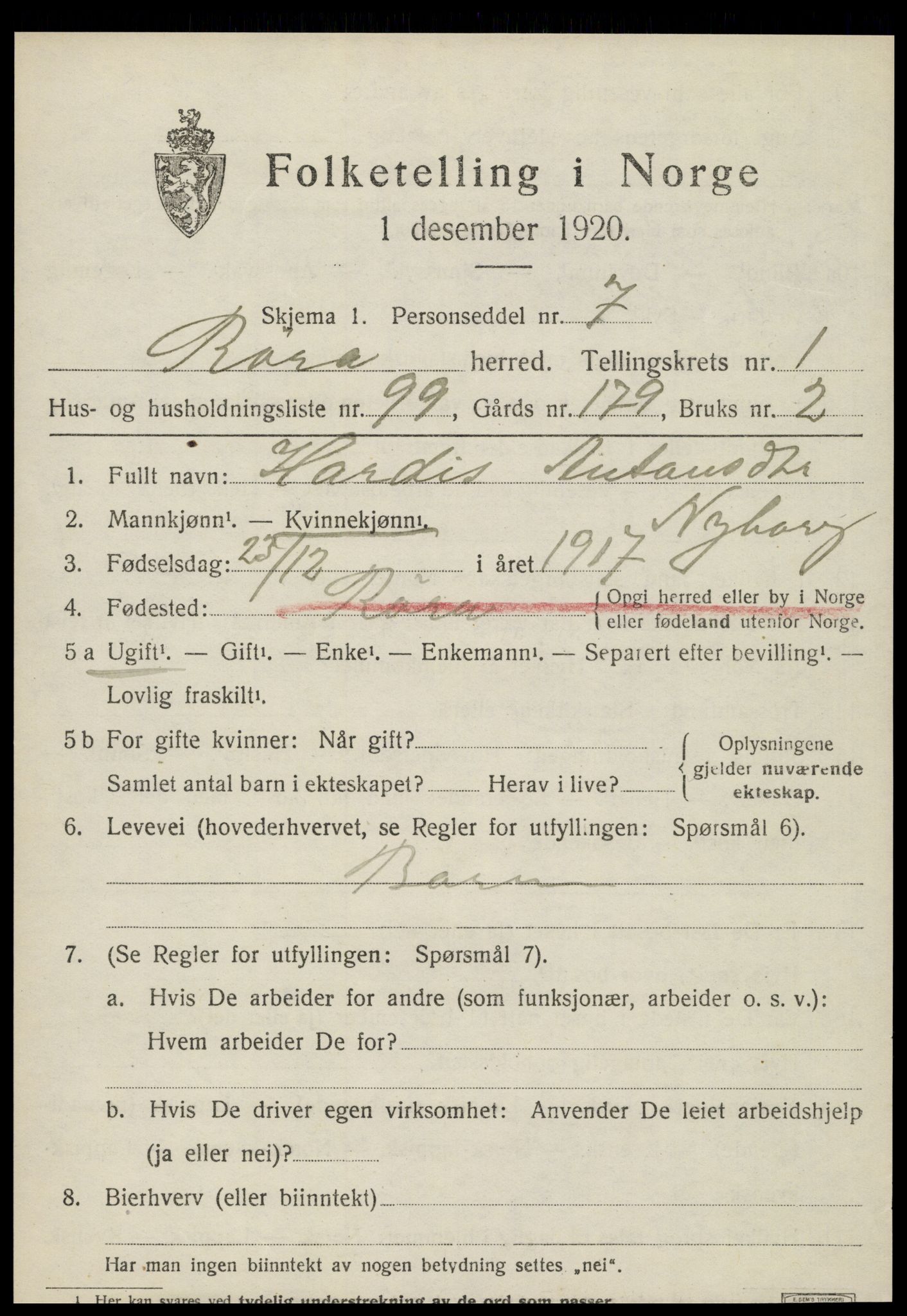 SAT, 1920 census for Røra, 1920, p. 1483