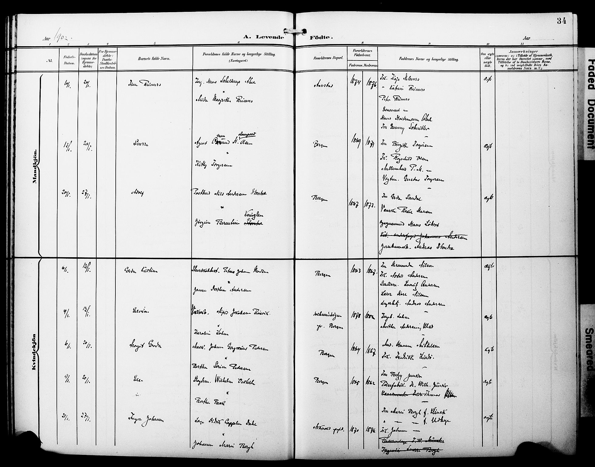 Fødselsstiftelsens sokneprestembete*, SAB/-: Parish register (copy) no. A 1, 1900-1909, p. 34