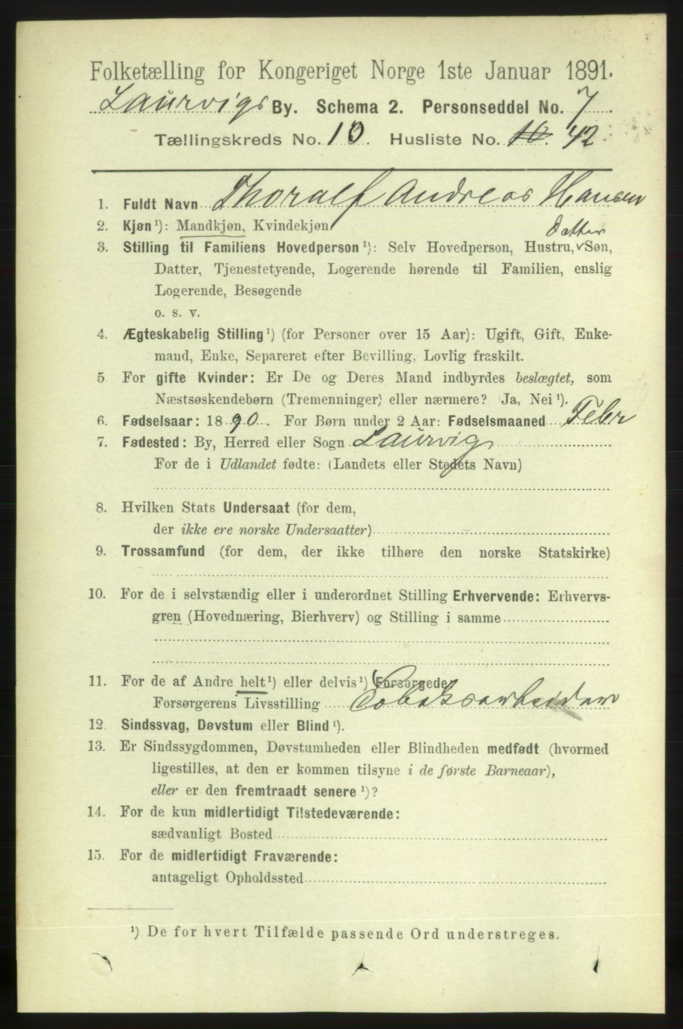 RA, 1891 census for 0707 Larvik, 1891, p. 9451