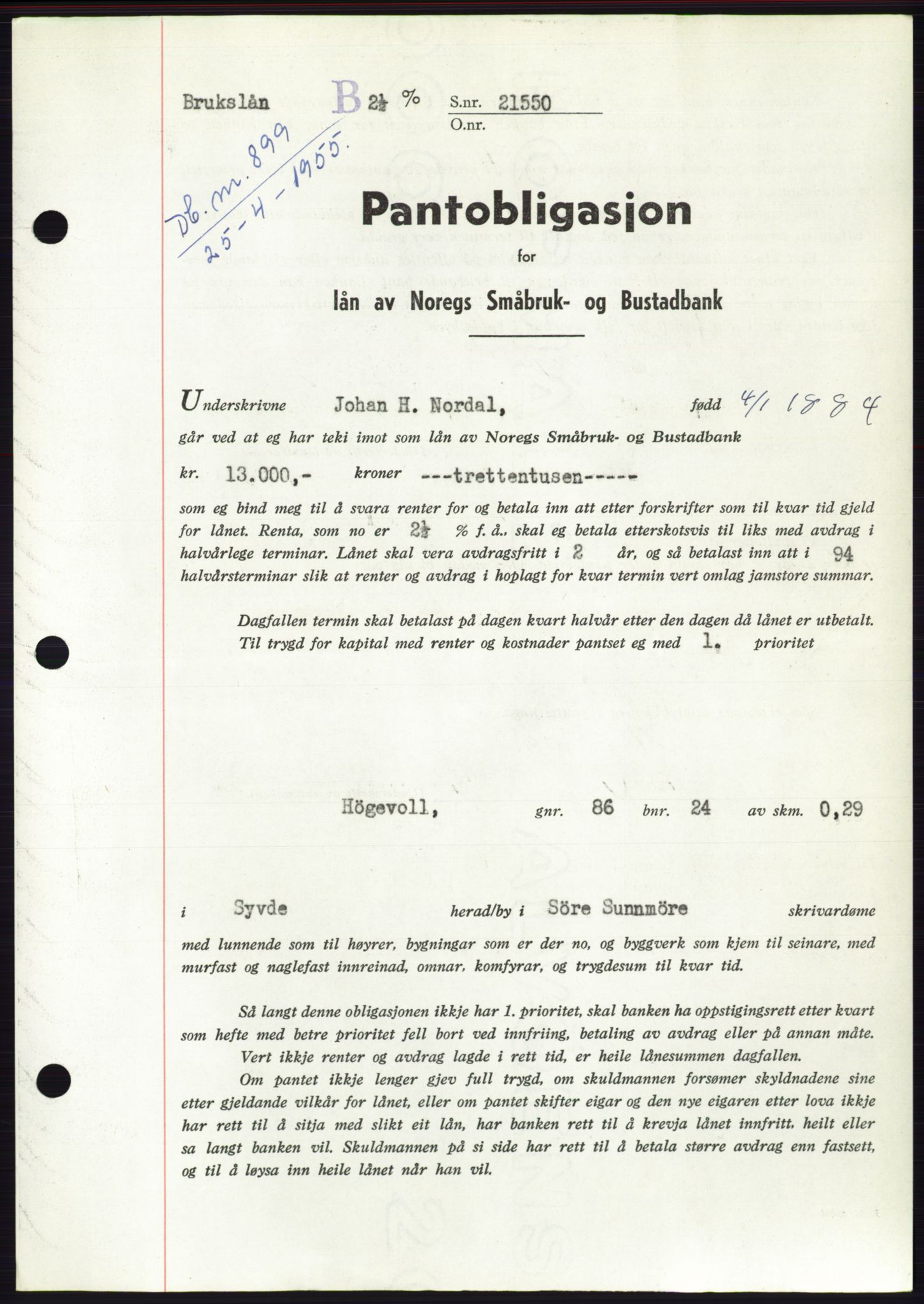 Søre Sunnmøre sorenskriveri, AV/SAT-A-4122/1/2/2C/L0126: Mortgage book no. 14B, 1954-1955, Diary no: : 899/1955