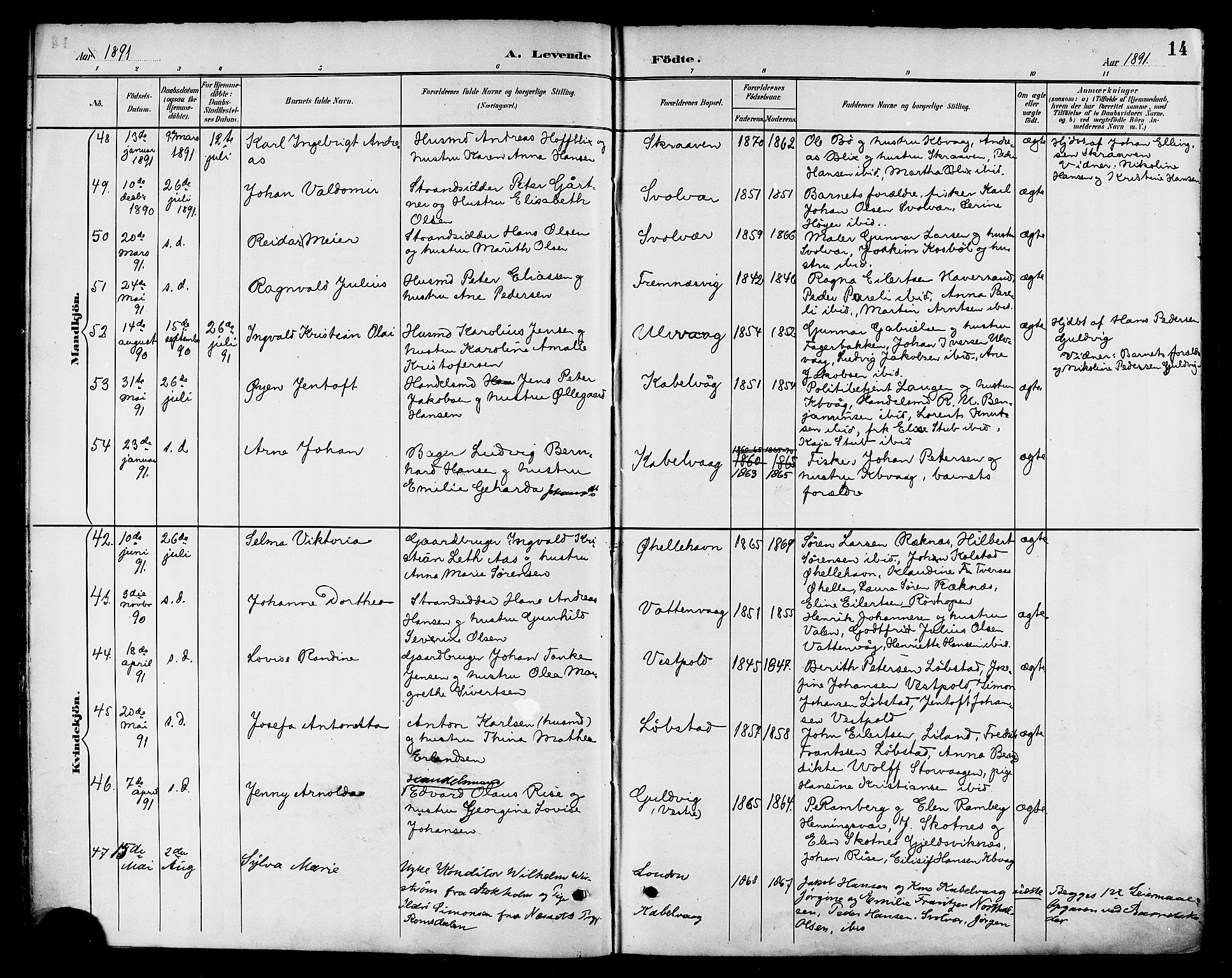 Ministerialprotokoller, klokkerbøker og fødselsregistre - Nordland, AV/SAT-A-1459/874/L1060: Parish register (official) no. 874A04, 1890-1899, p. 14