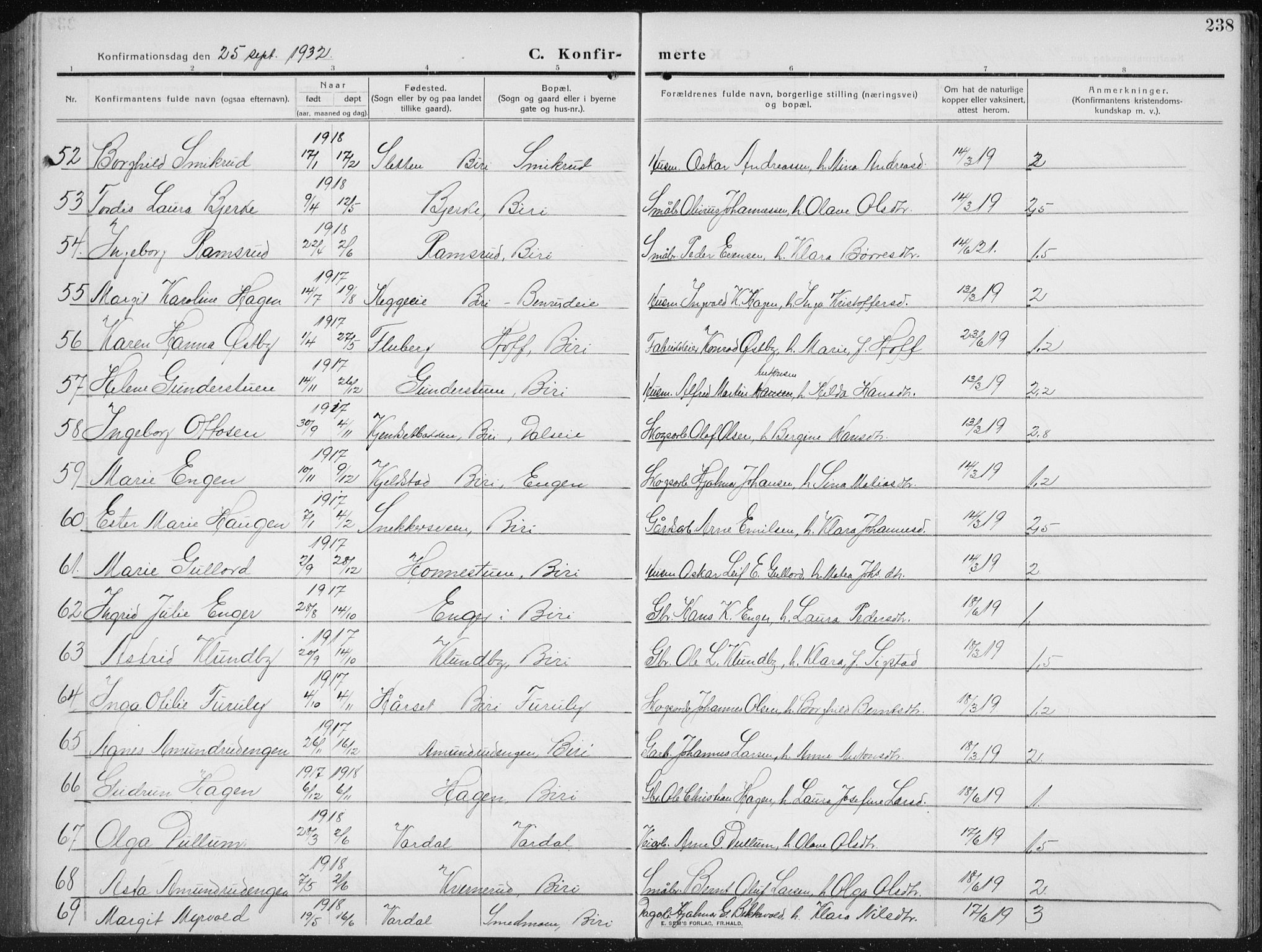 Biri prestekontor, AV/SAH-PREST-096/H/Ha/Hab/L0006: Parish register (copy) no. 6, 1909-1938, p. 238