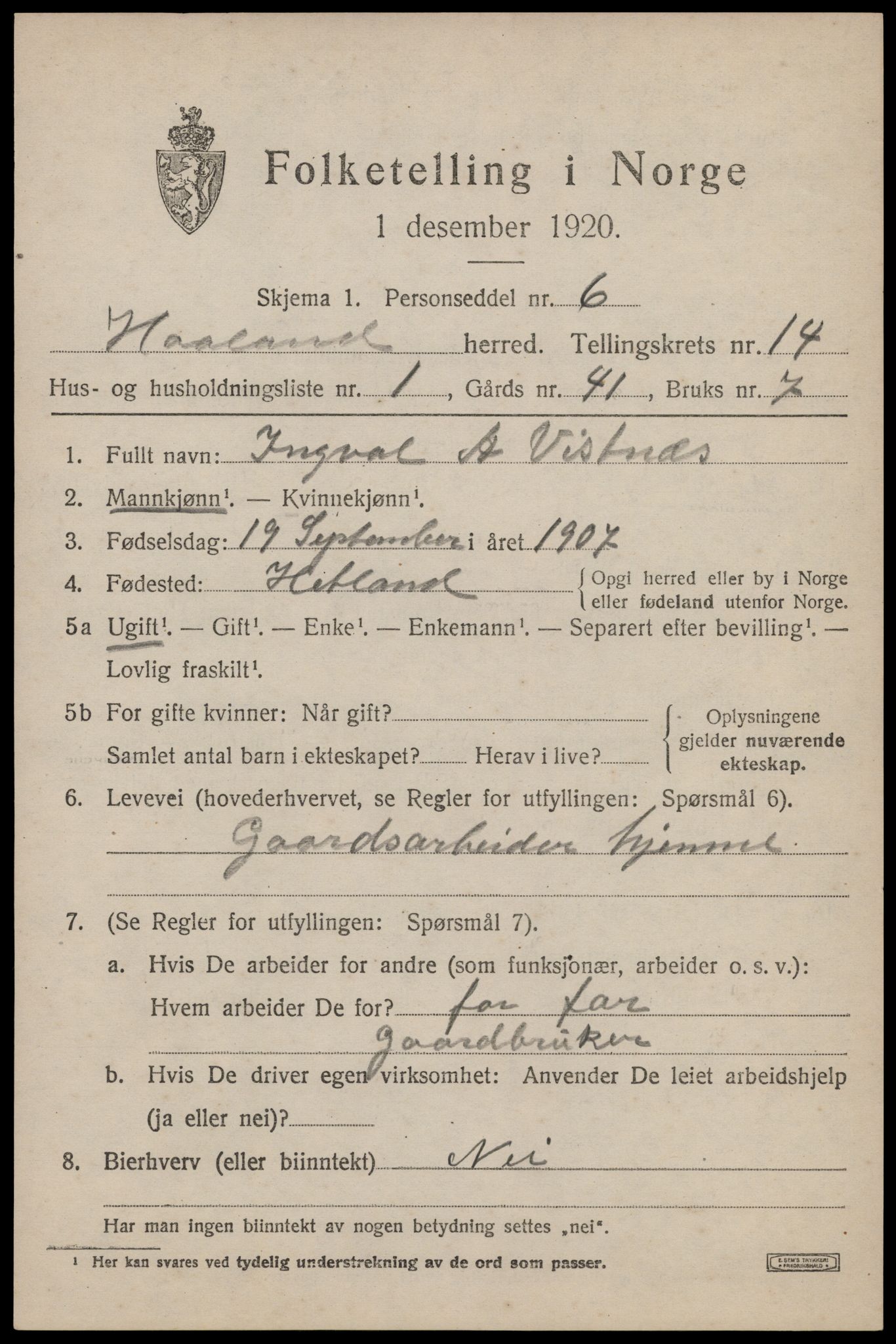 SAST, 1920 census for Håland, 1920, p. 9979