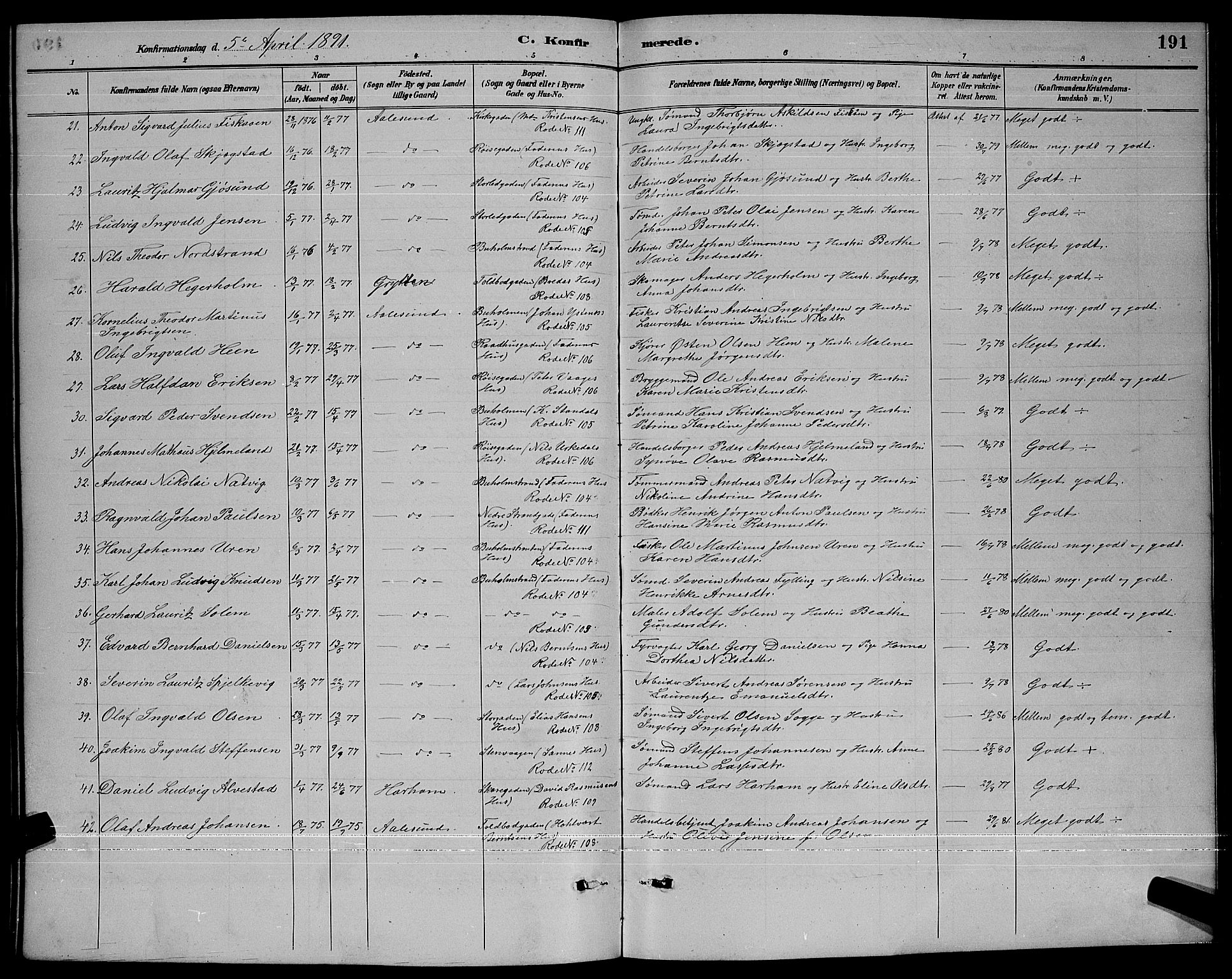 Ministerialprotokoller, klokkerbøker og fødselsregistre - Møre og Romsdal, AV/SAT-A-1454/529/L0467: Parish register (copy) no. 529C04, 1889-1897, p. 191