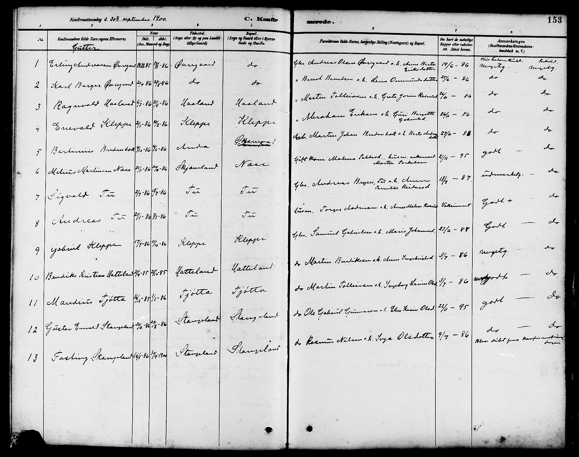 Klepp sokneprestkontor, SAST/A-101803/001/3/30BB/L0004: Parish register (copy) no. B 4, 1889-1914, p. 153