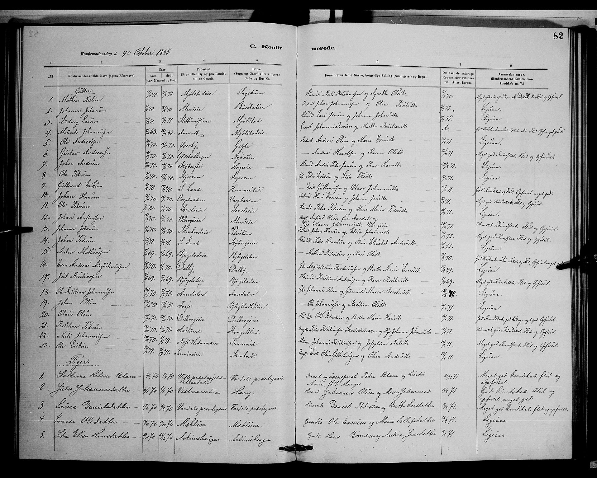 Vardal prestekontor, SAH/PREST-100/H/Ha/Hab/L0008: Parish register (copy) no. 8, 1881-1898, p. 82