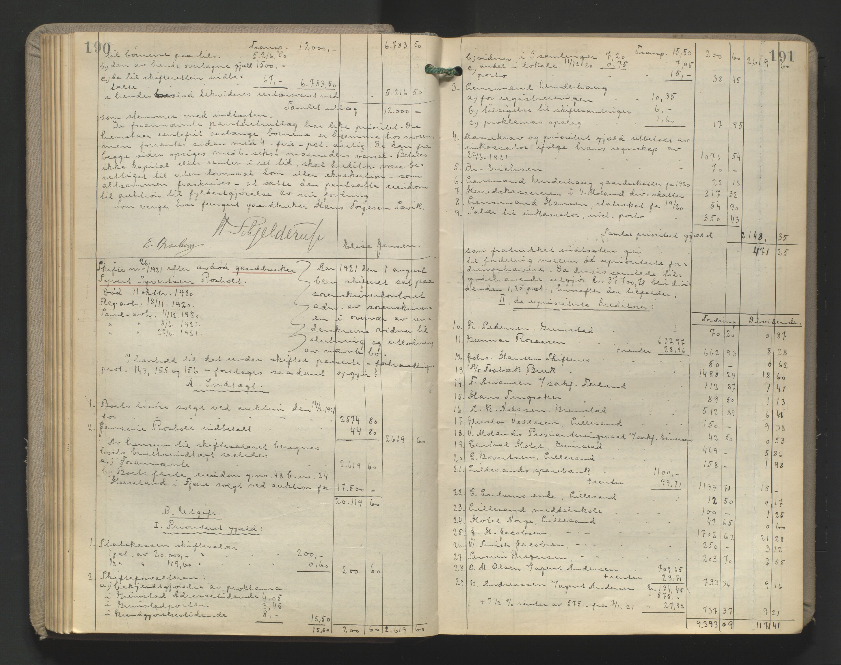 Vestre Nedenes/Sand sorenskriveri, AV/SAK-1221-0010/H/Hc/L0022: Skifteutlodningsprotokoll nr. 9, 1919-1932, p. 190-191