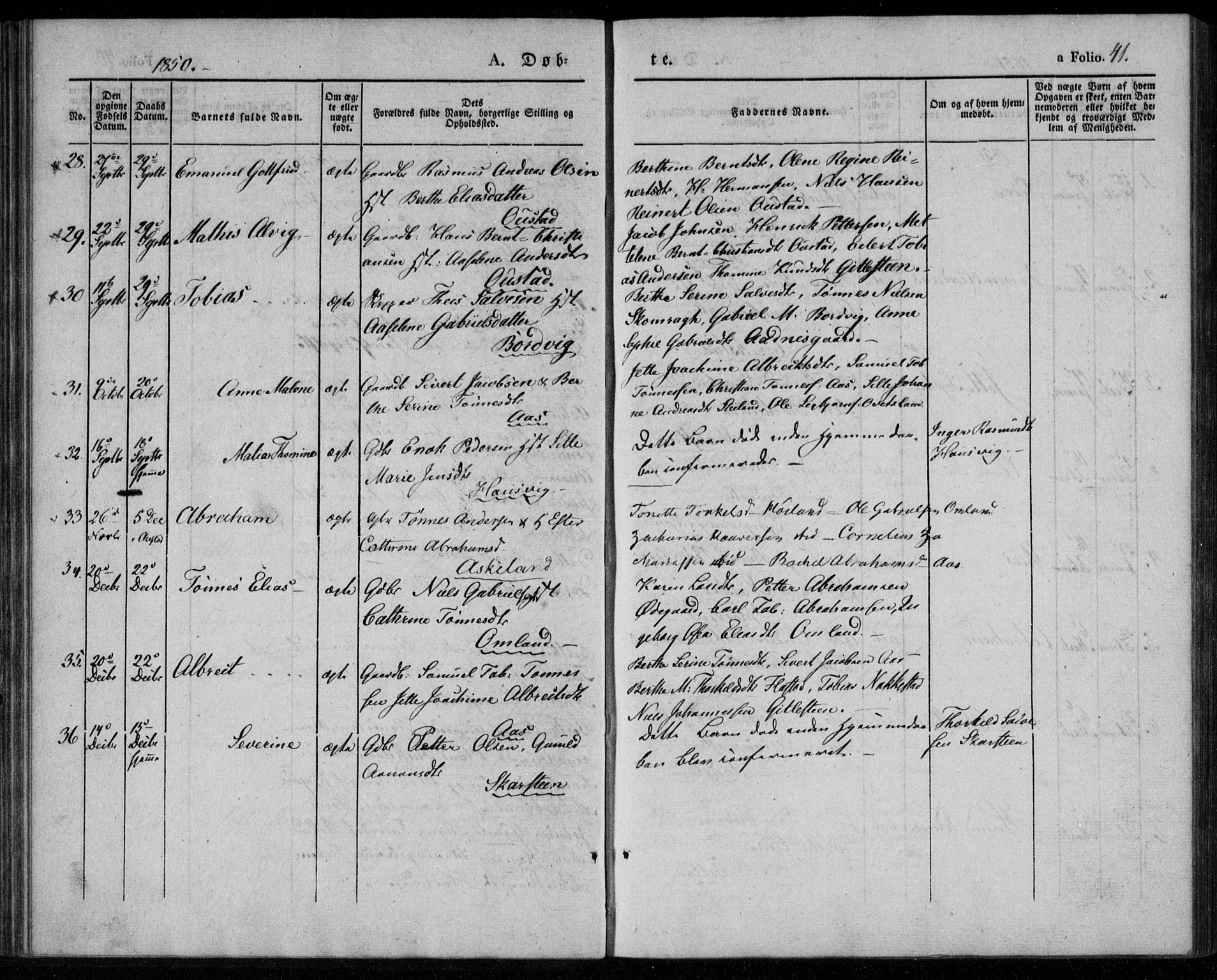 Lyngdal sokneprestkontor, SAK/1111-0029/F/Fa/Faa/L0001: Parish register (official) no. A 1, 1837-1857, p. 41