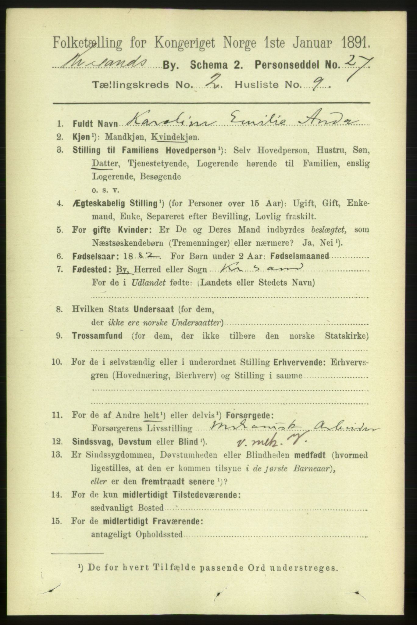 RA, 1891 census for 1001 Kristiansand, 1891, p. 3311